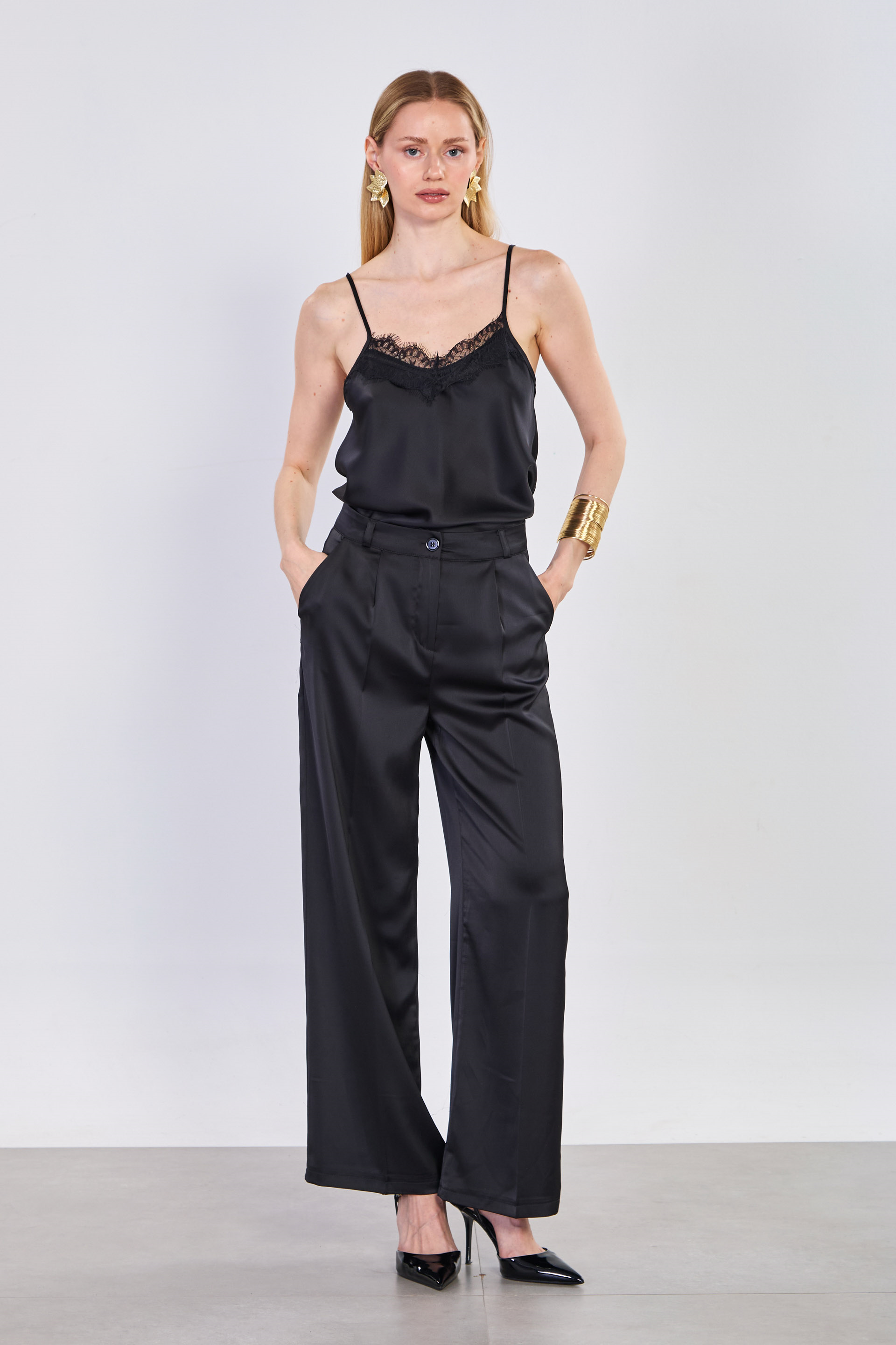 Kadın Saten Palazzo Pantolon - Siyah