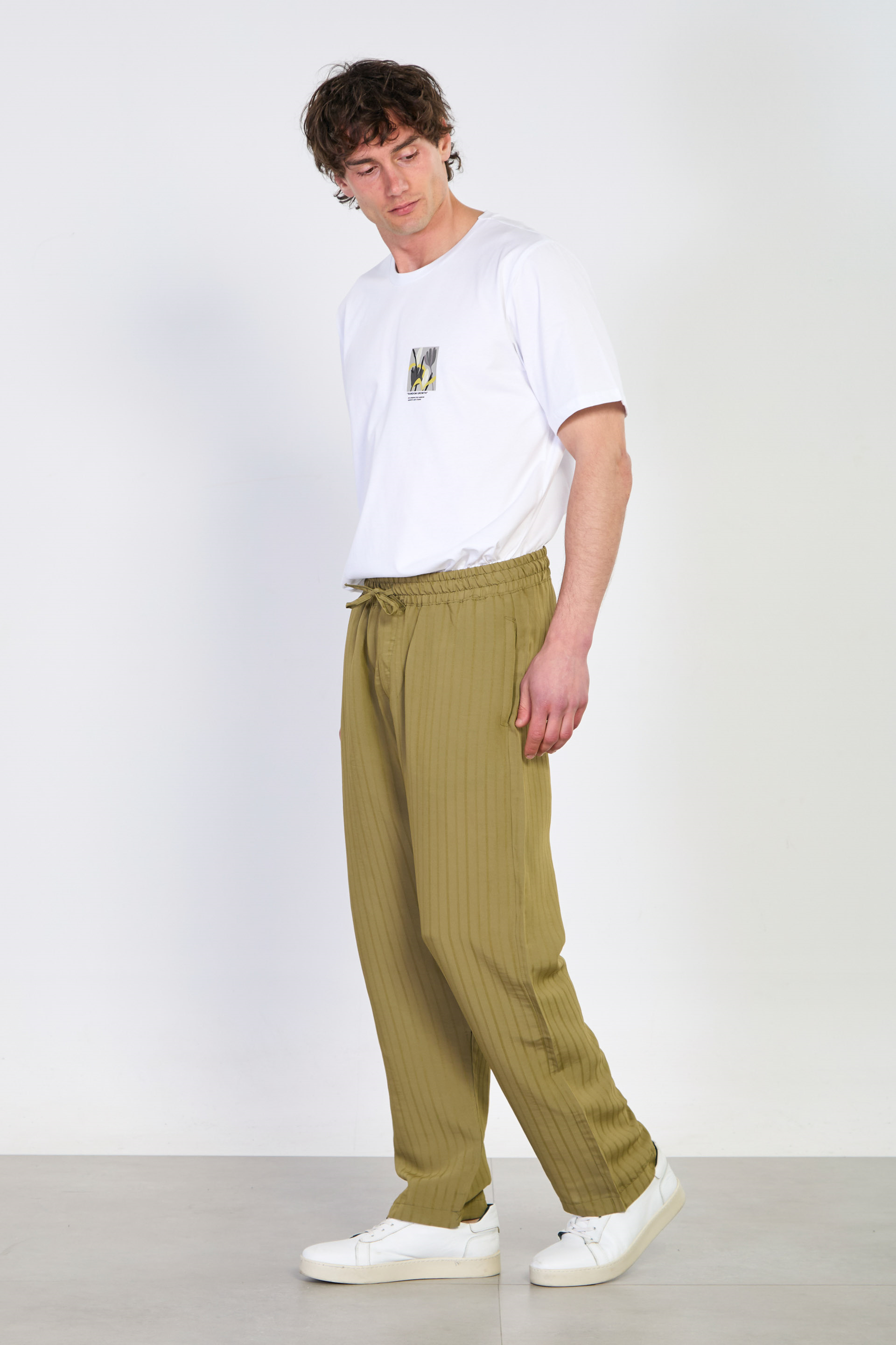 Erkek Çizgili Beli Bağlamalı Pantolon - Haki