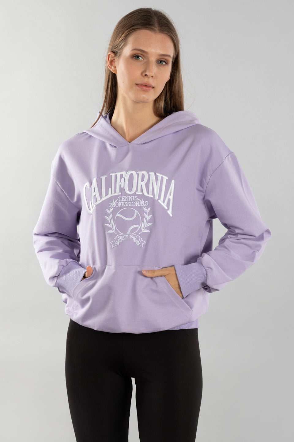 California nakışlı kapüşonlu sweatshırt-5021 Lila