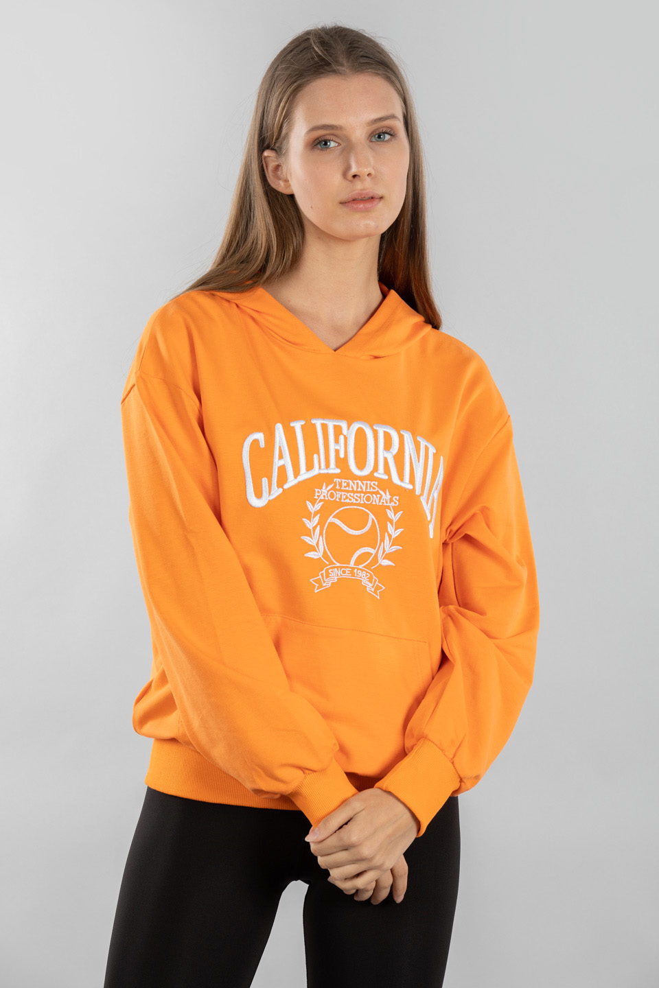 California nakışlı kapüşonlu sweatshırt-5021 Oranj