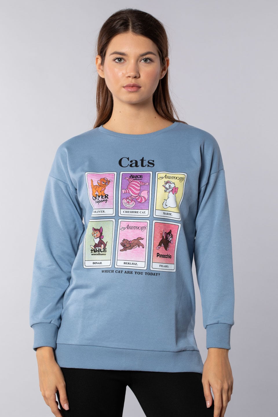 Cats baskılı tunik sweatshirt-4272 Mavi