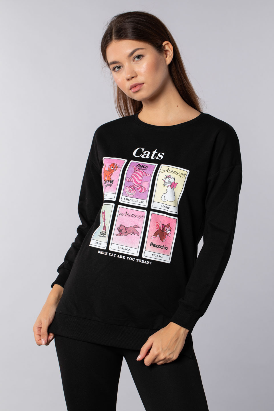 Cats baskılı tunik sweatshirt-4272 Siyah