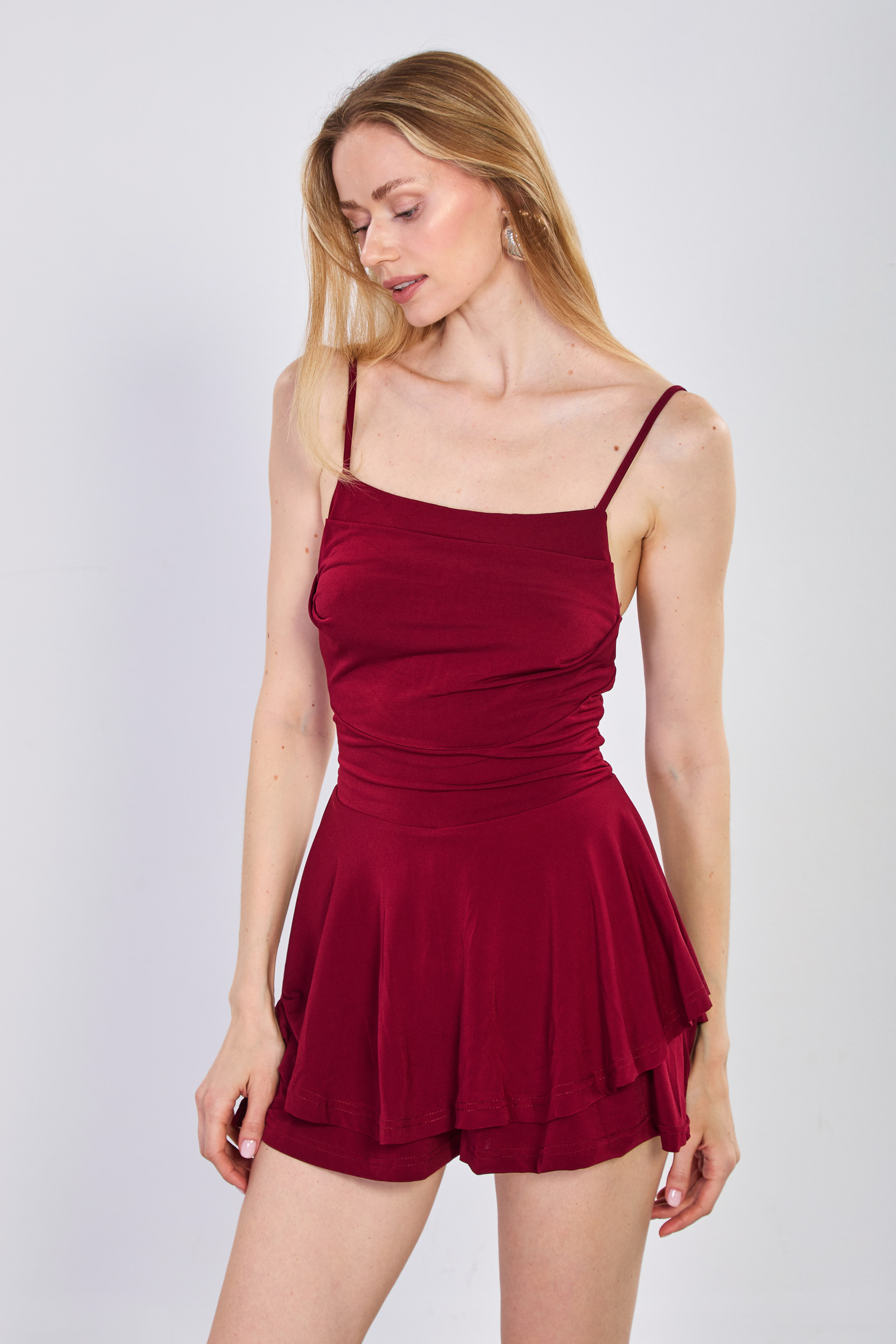 Kadın İp Askılı Şortlu Elbise - Mürdüm