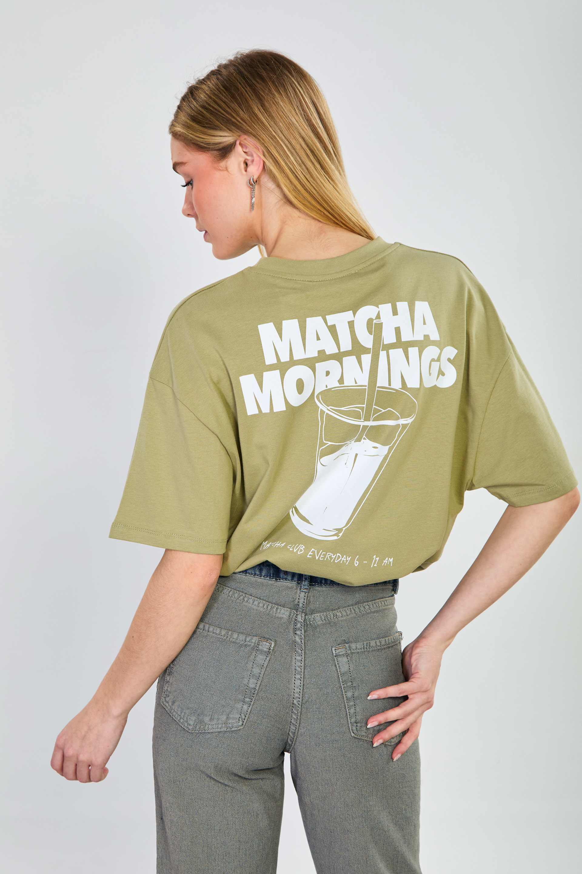 Kadın Matcha Baskılı Oversize T-Shirt - Olive