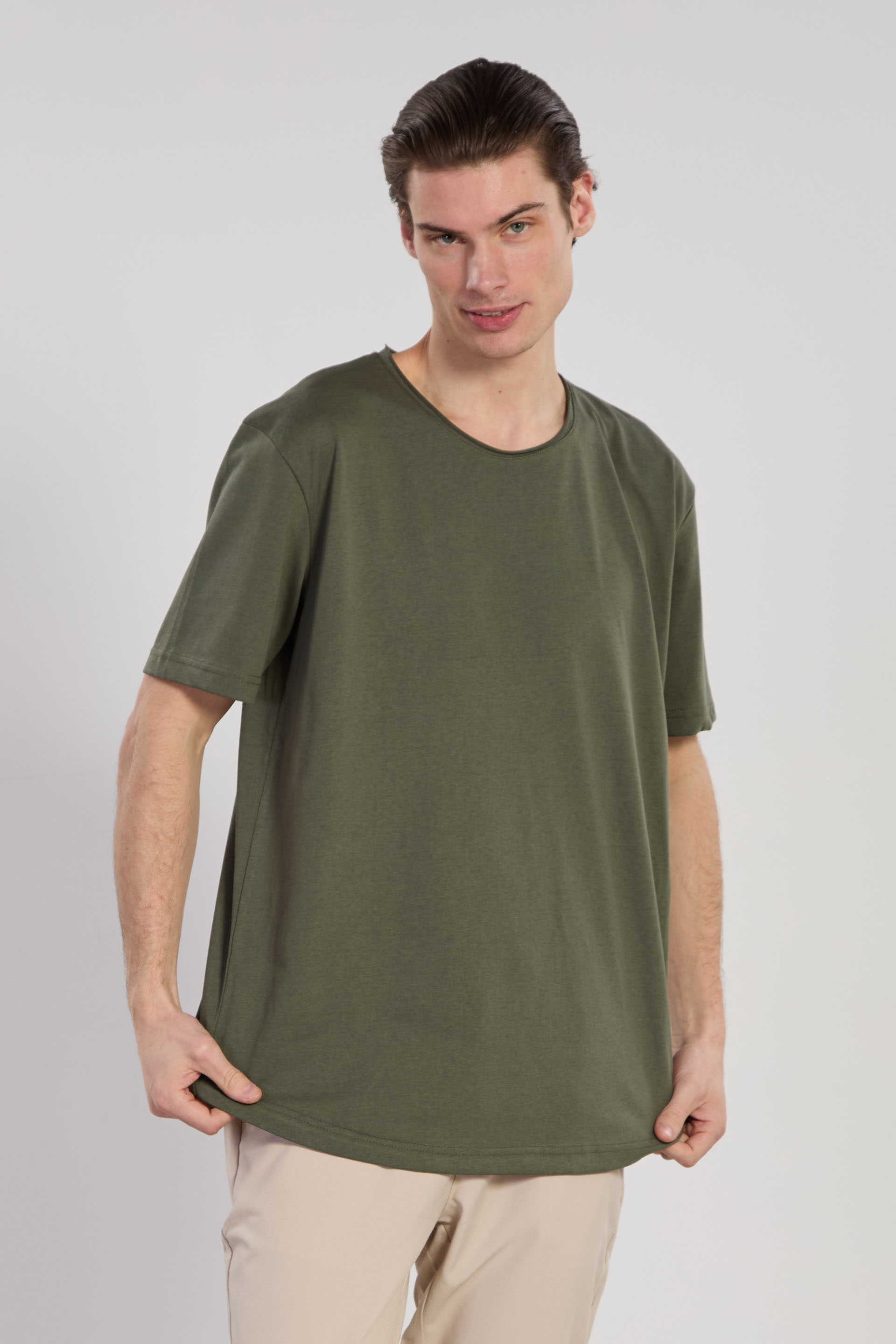 Erkek Etek Ucu Baskılı Bisiklet Yaka T-Shirt - Haki