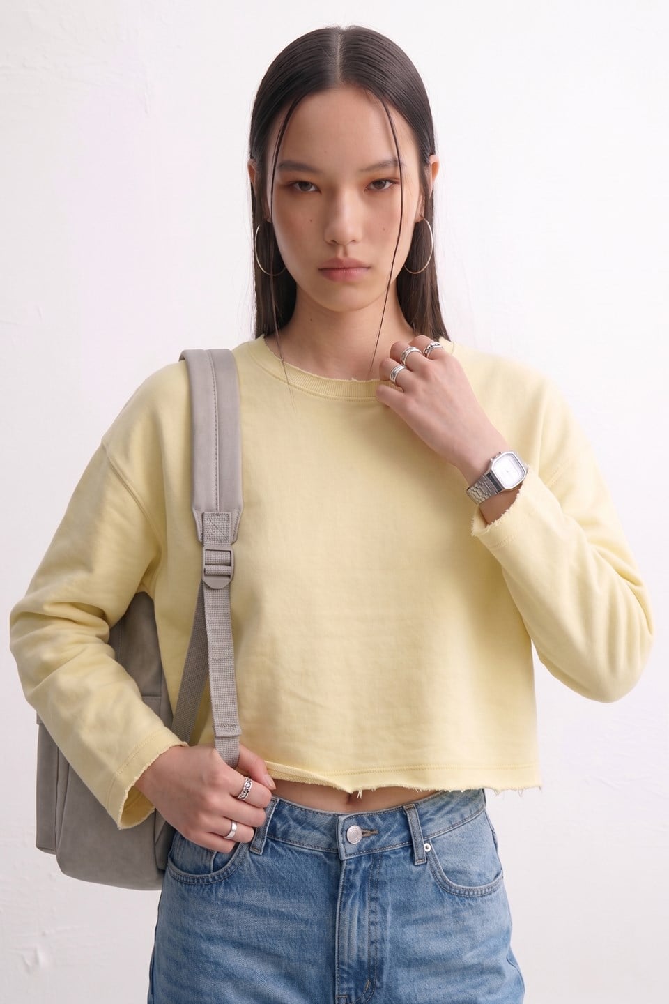 Kadın Bisiklet Yaka Oversize Kısa Swaetshirt - Sarı