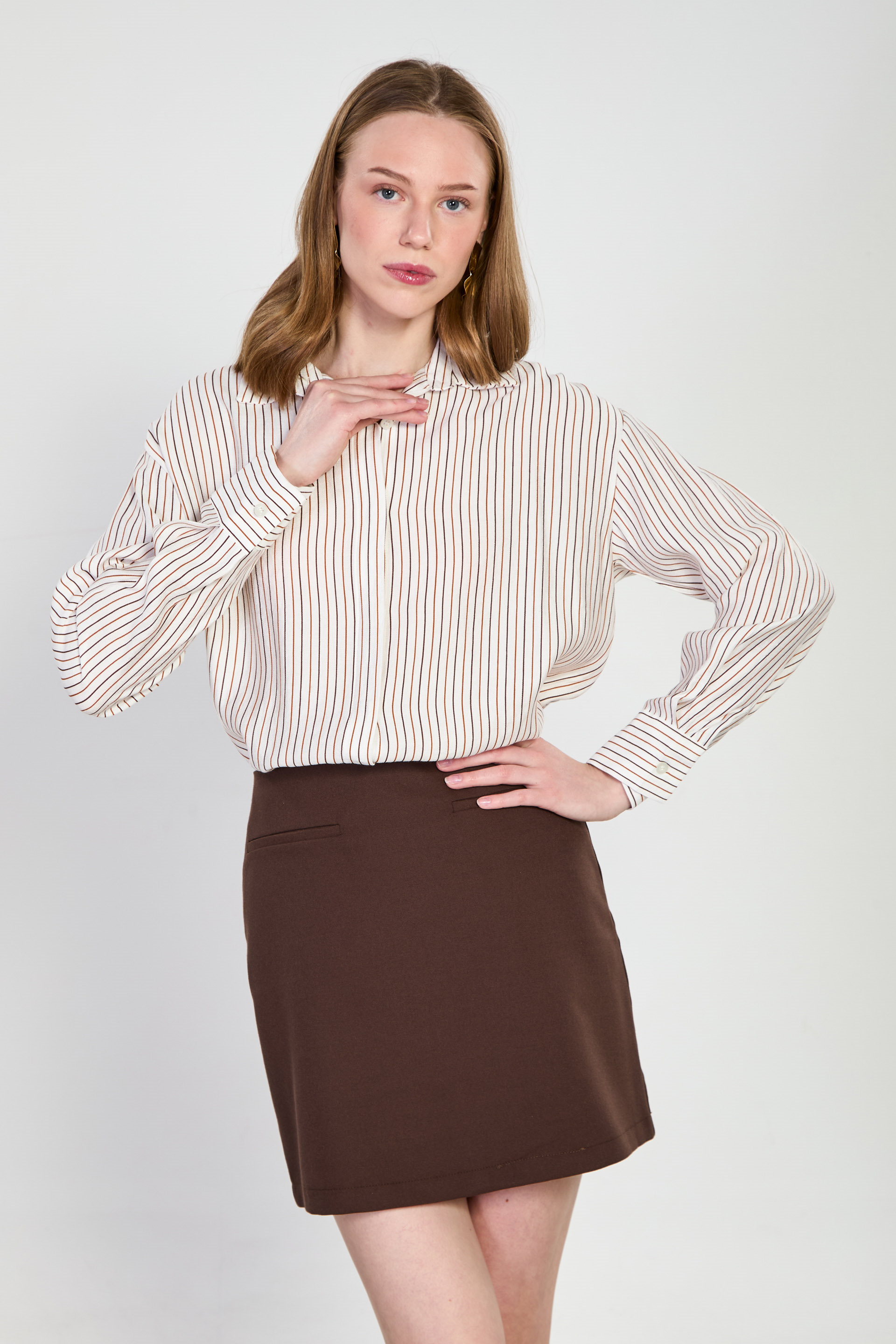 Kadın Çizgili Uzun Kol Gömlek - Krem/Kahve