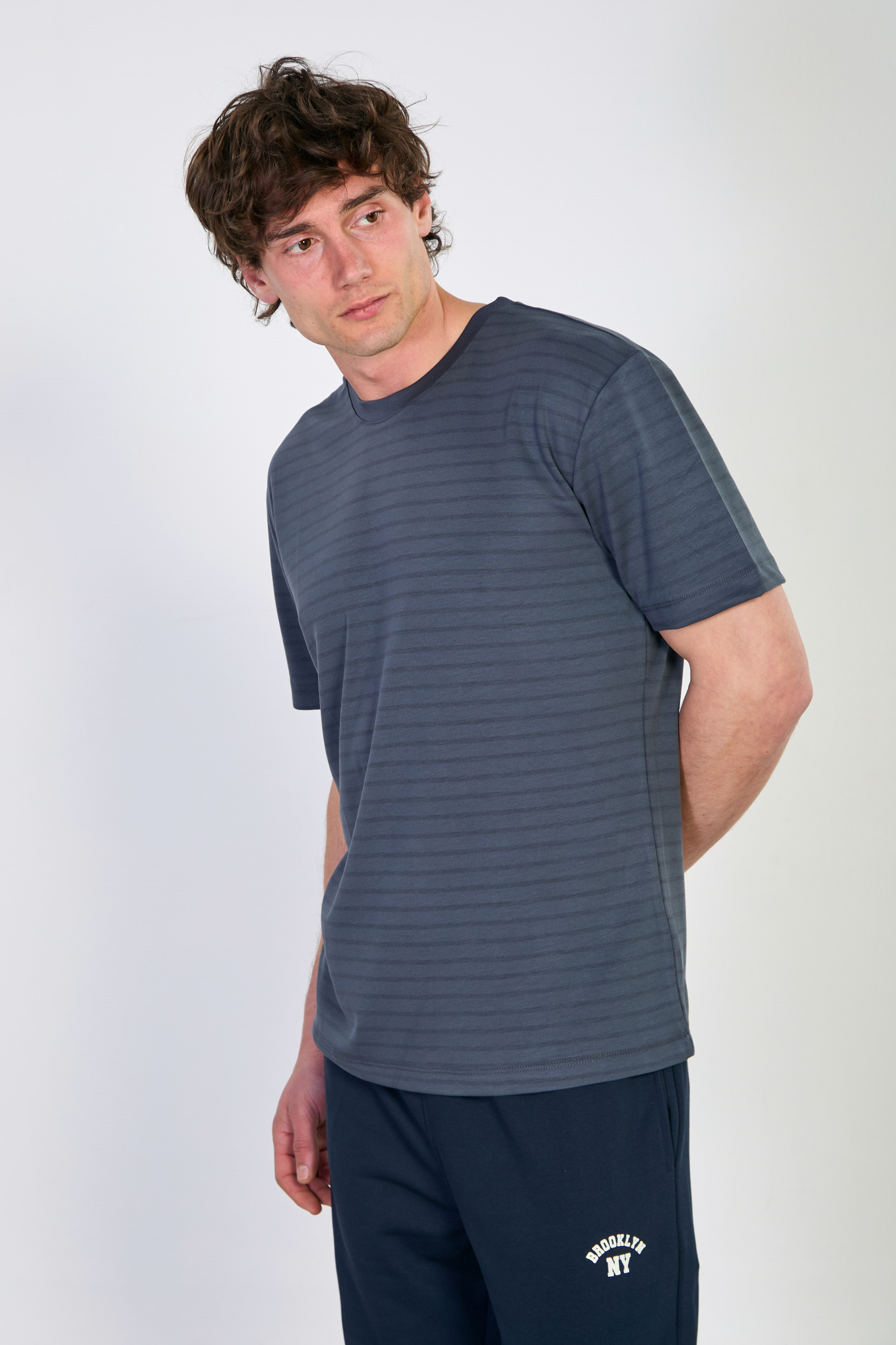 Erkek Çizgili Bisiklet Yaka T-Shirt - Füme/Siyah