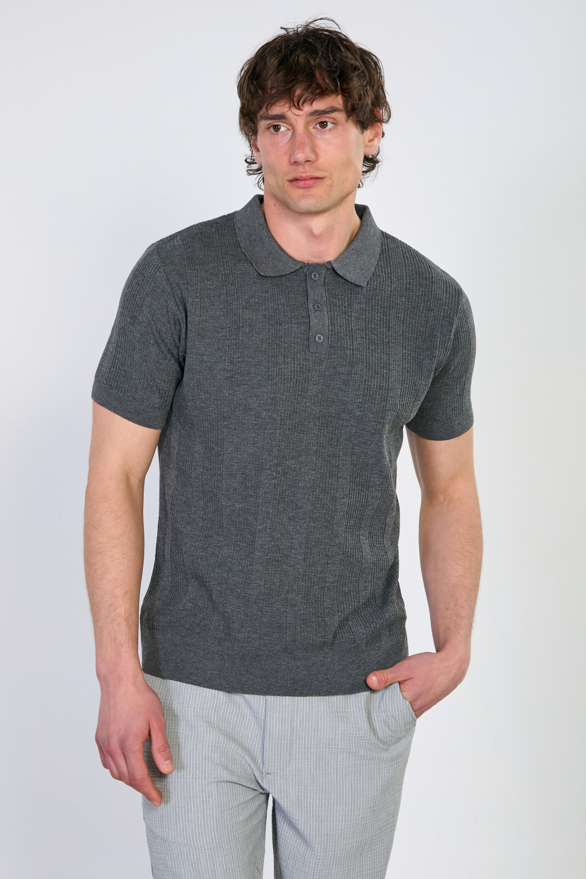 Erkek Dokulu Polo Yaka Düğmeli Triko T-Shirt - Antrasit