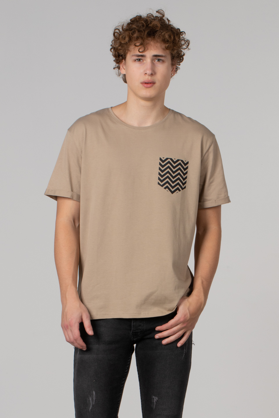 Cep zikzak baskılı t-shirt-2311 Vizon