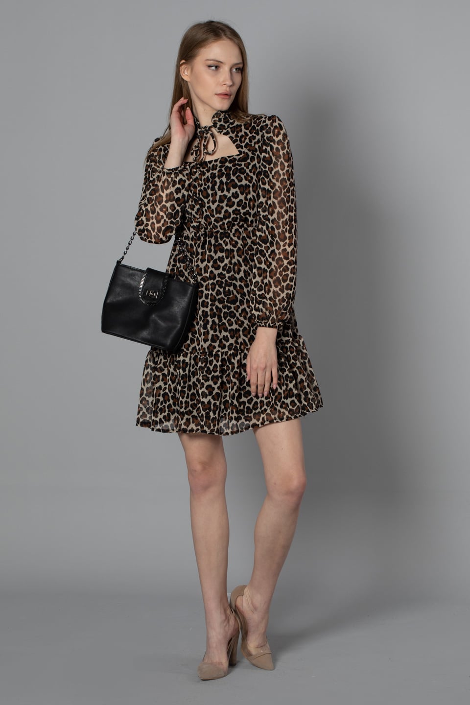 Çerçeve yaka şifon kısa elbise-W0008191 Leopar