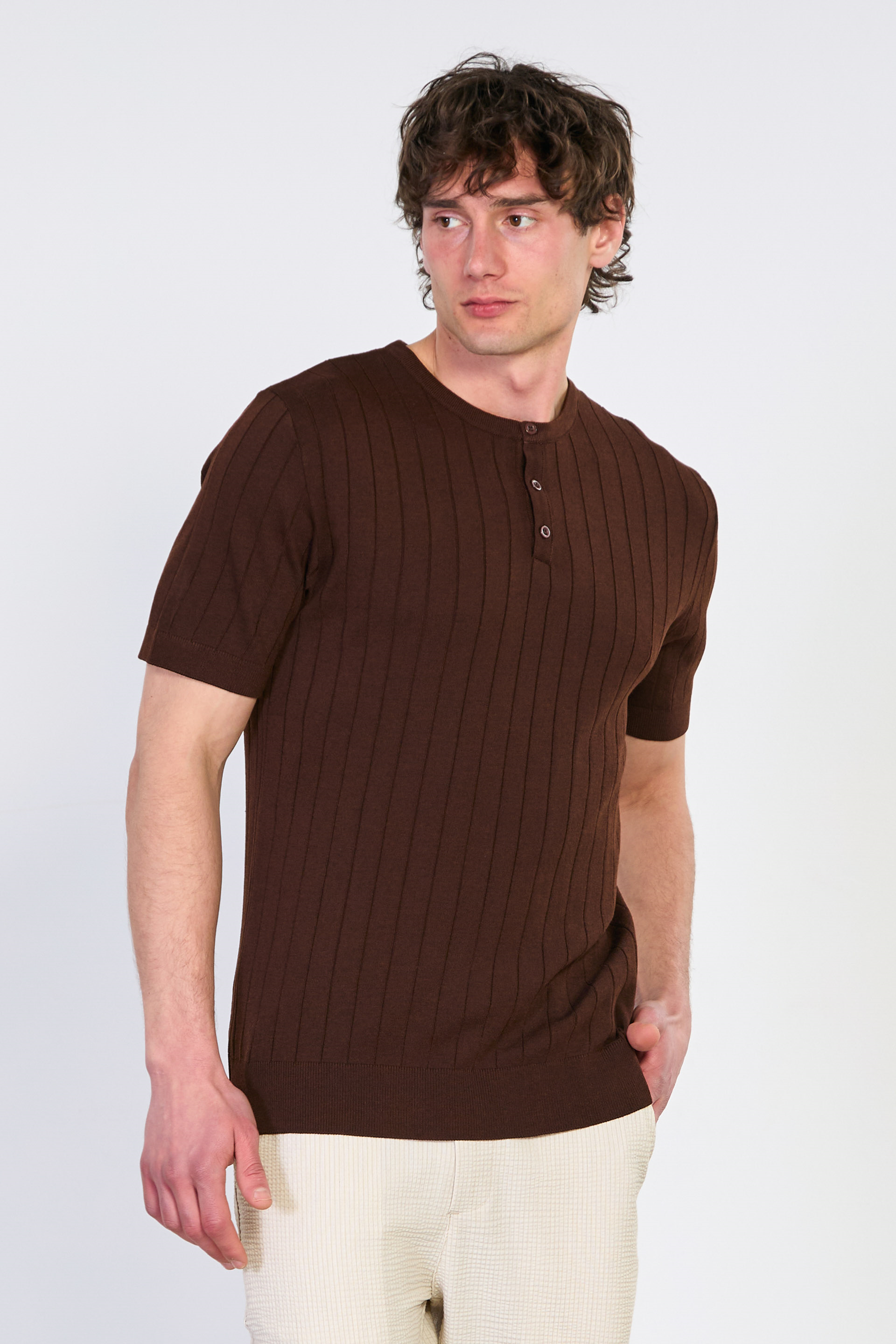 Erkek Bisiklet Yaka Düğmeli Triko T-Shirt - Kahve