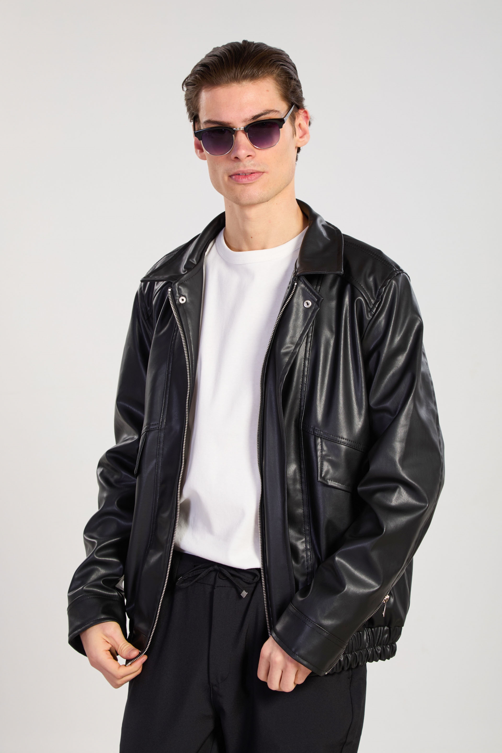 Erkek Kol Fermuarlı Bomber Deri Mont - Siyah