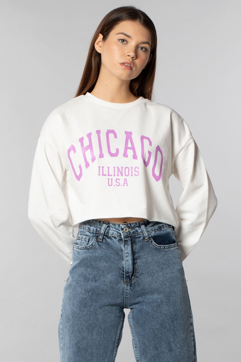 Chıcago basklı crop sweatshırt-9681 Ekru