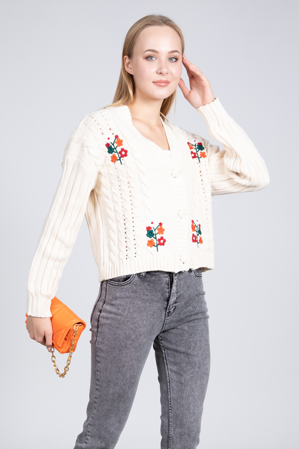 Çiçek nakışlı hırka-8774 Ekru