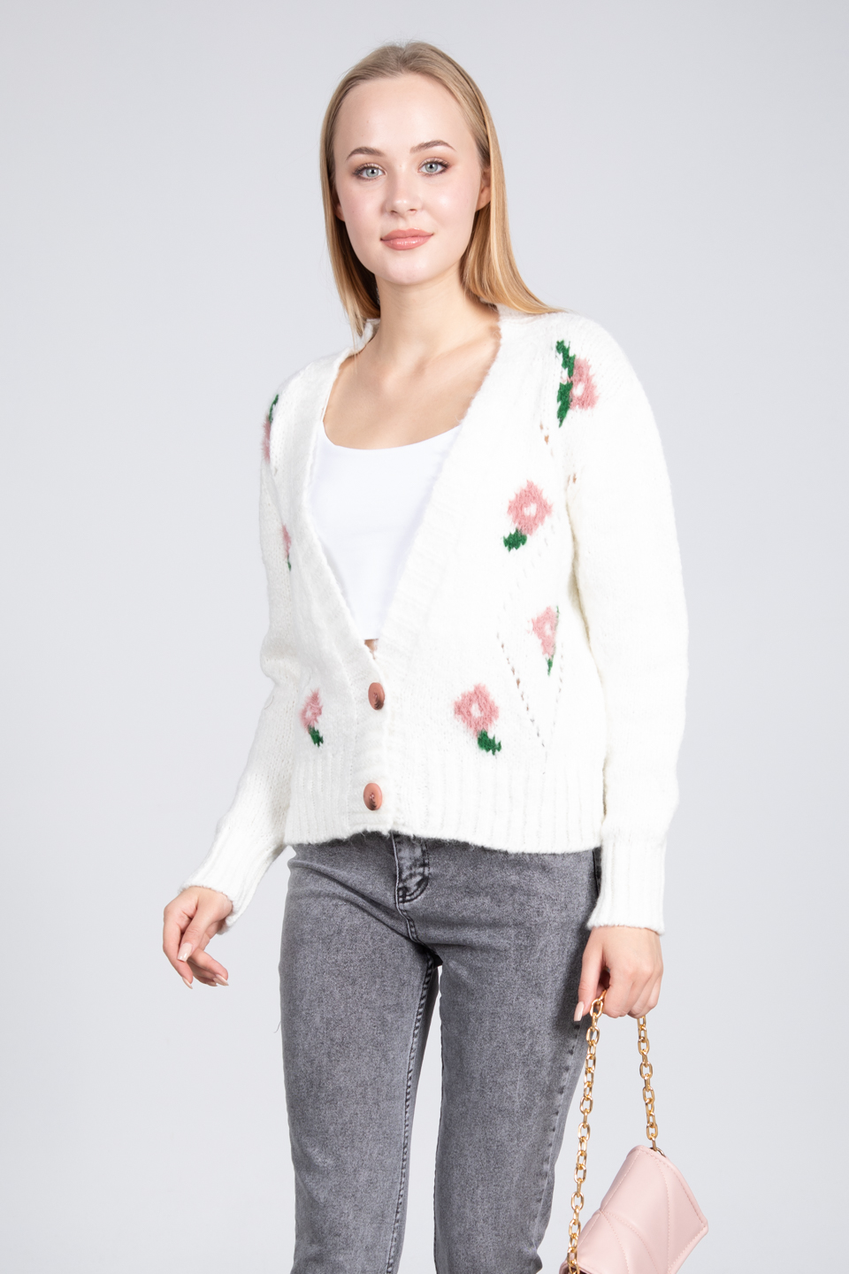 Çiçekli hırka-7289 Ekru