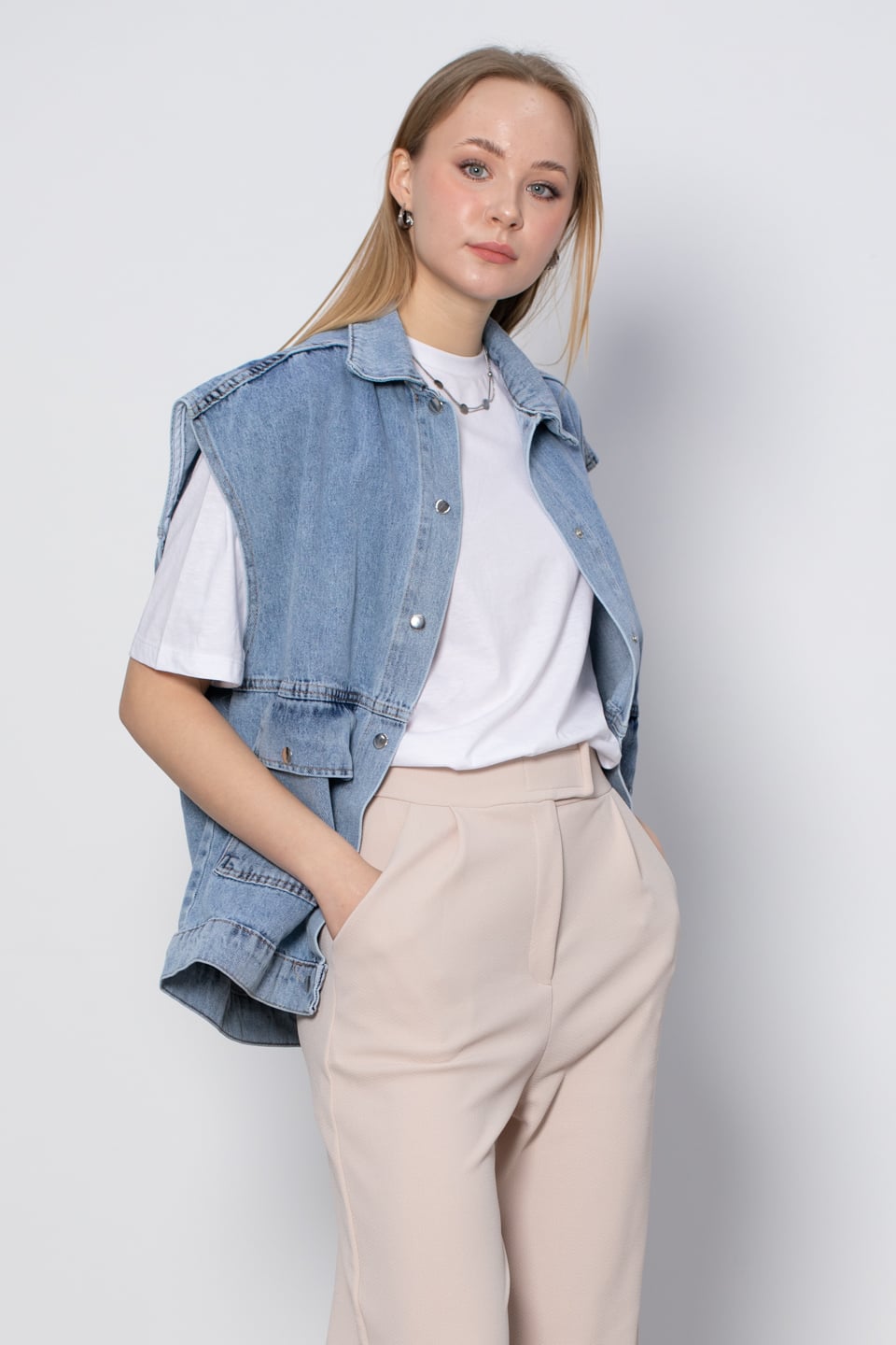 Çift cep denim yelek-11077 Orta Mavi