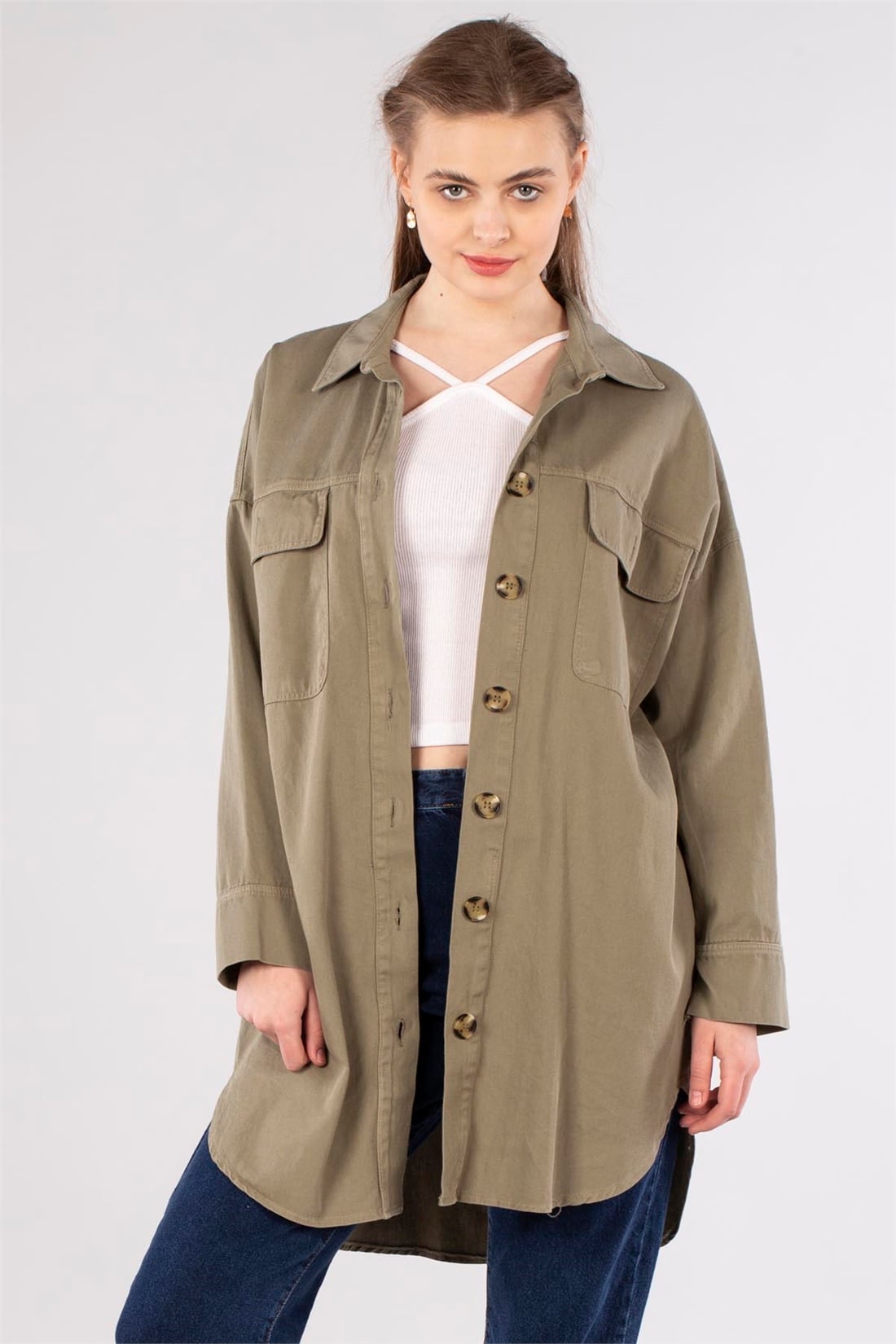 Çift Cep Gabardin Ceket-Haki