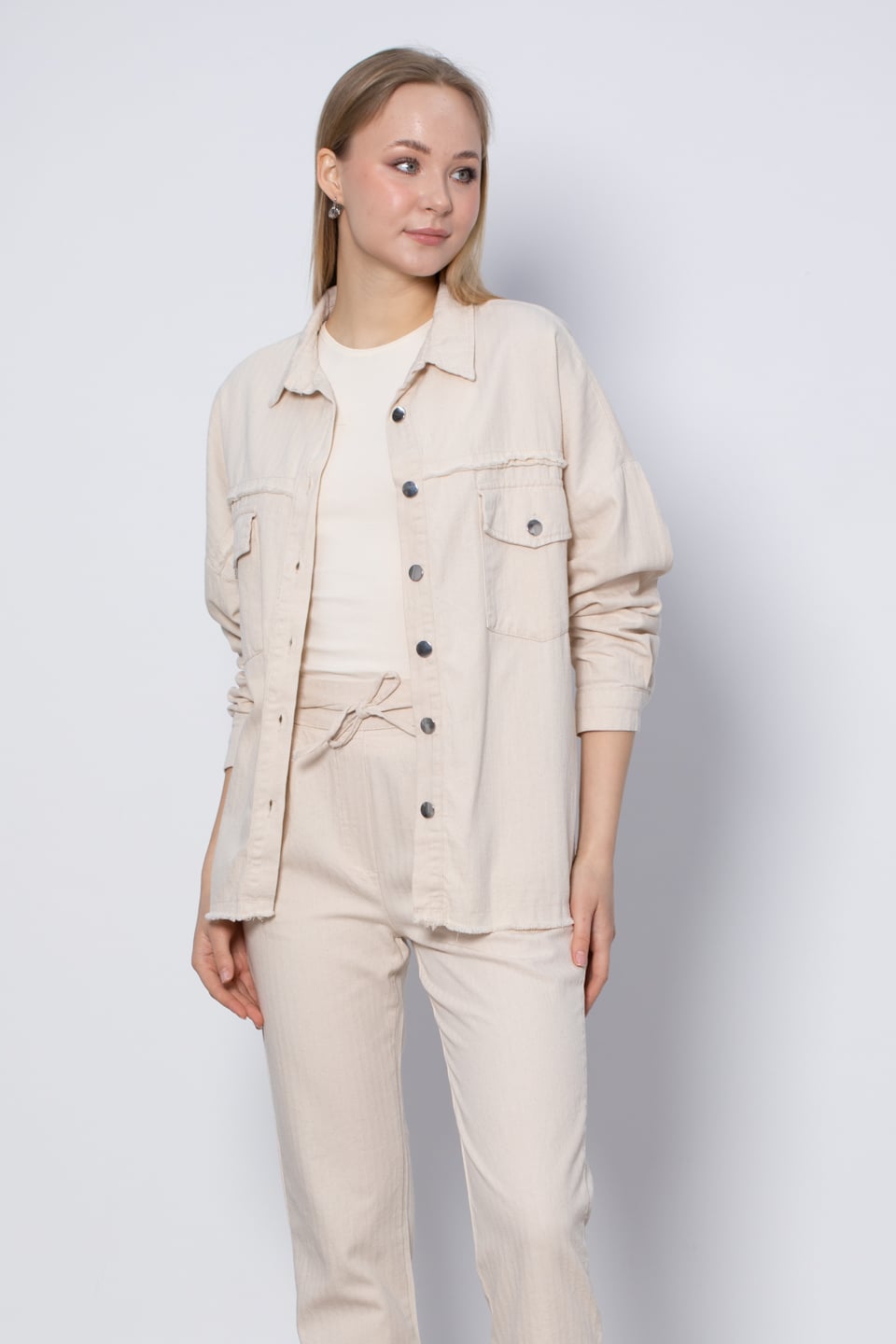 Çift cep gabardin gömlek-3124 Ekru