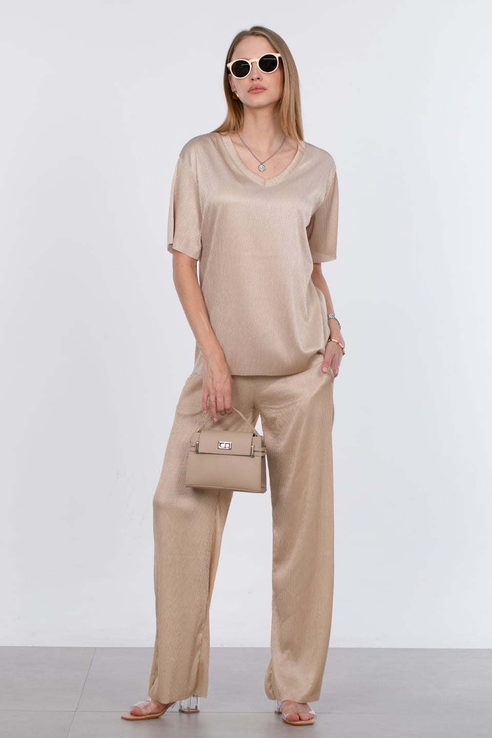 Çift cepli parlak pantolon-DVN0751 Taş