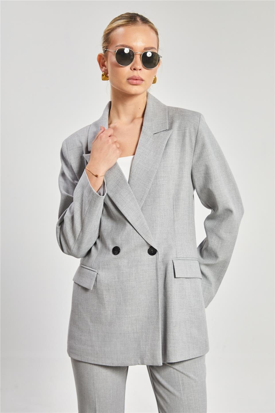 Çift düğmeli blazer ceket-3982 Açık Gri