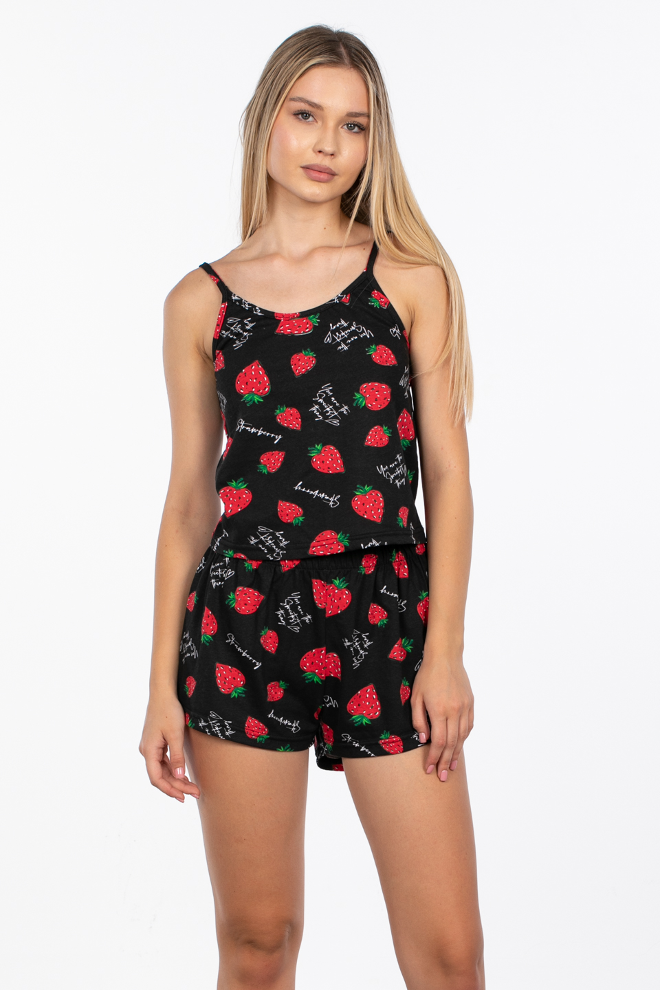 Çilek Desenli Askılı Şortlu Pijama Takımı - Siyah