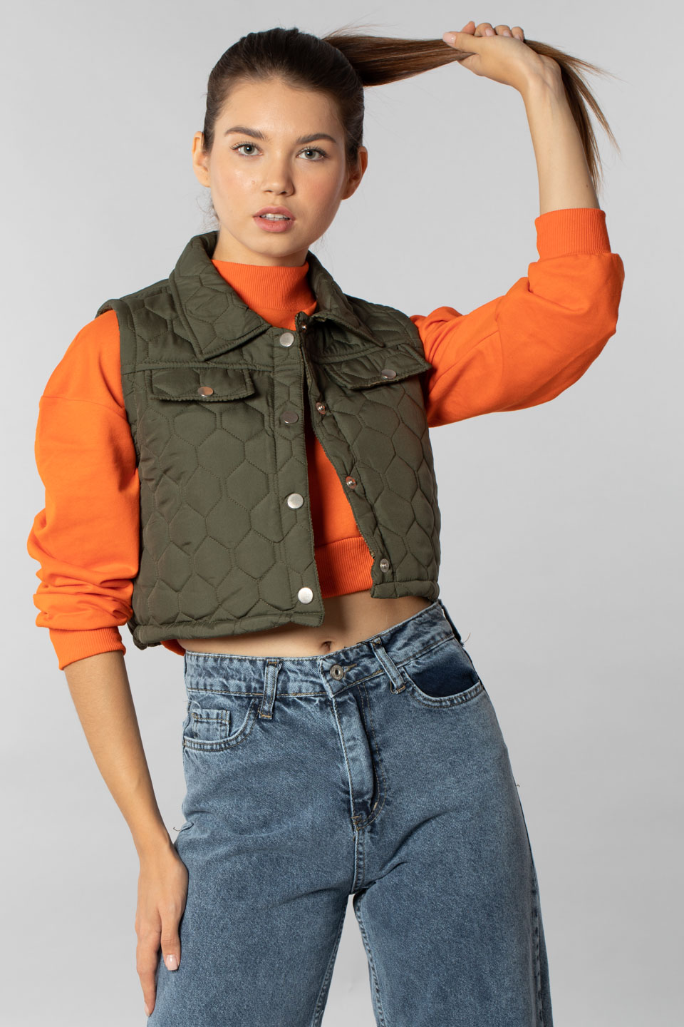 Çıtçıtlı kapitone crop yelek-2012 Haki