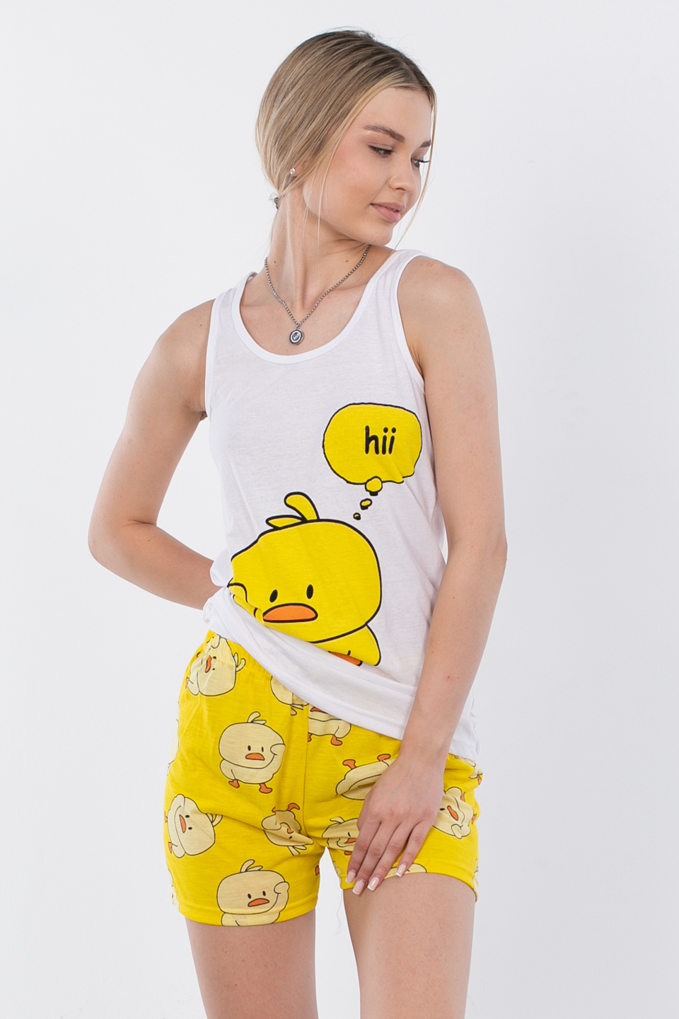 Civciv Baskılı Şortlu Pijama Takımı - Sarı