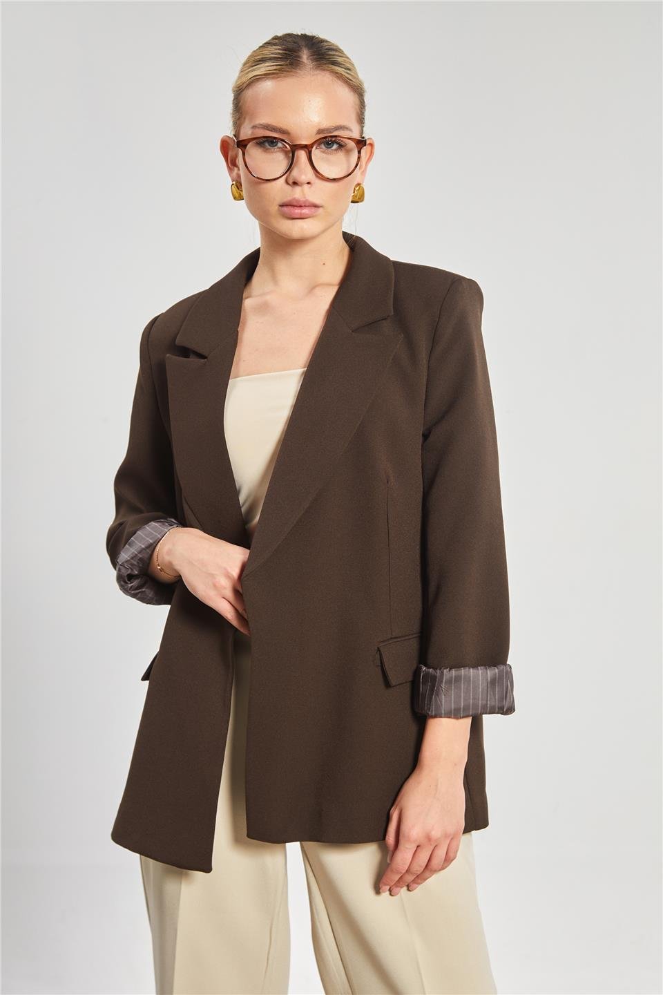 Çizgili astarlı blazer ceket-7560 Kahve
