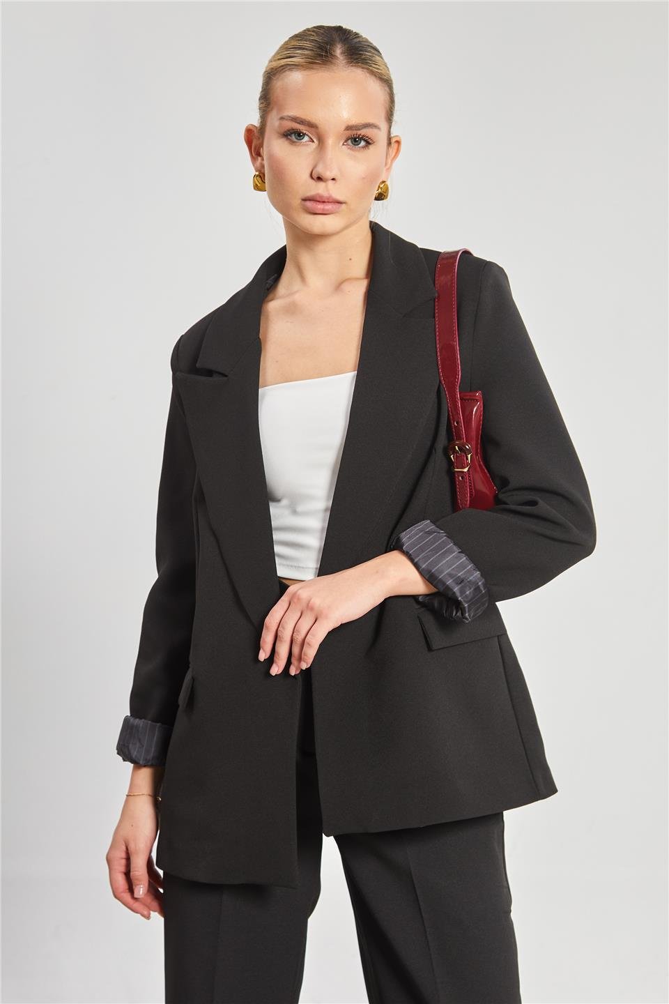 Çizgili astarlı blazer ceket-7560 Siyah