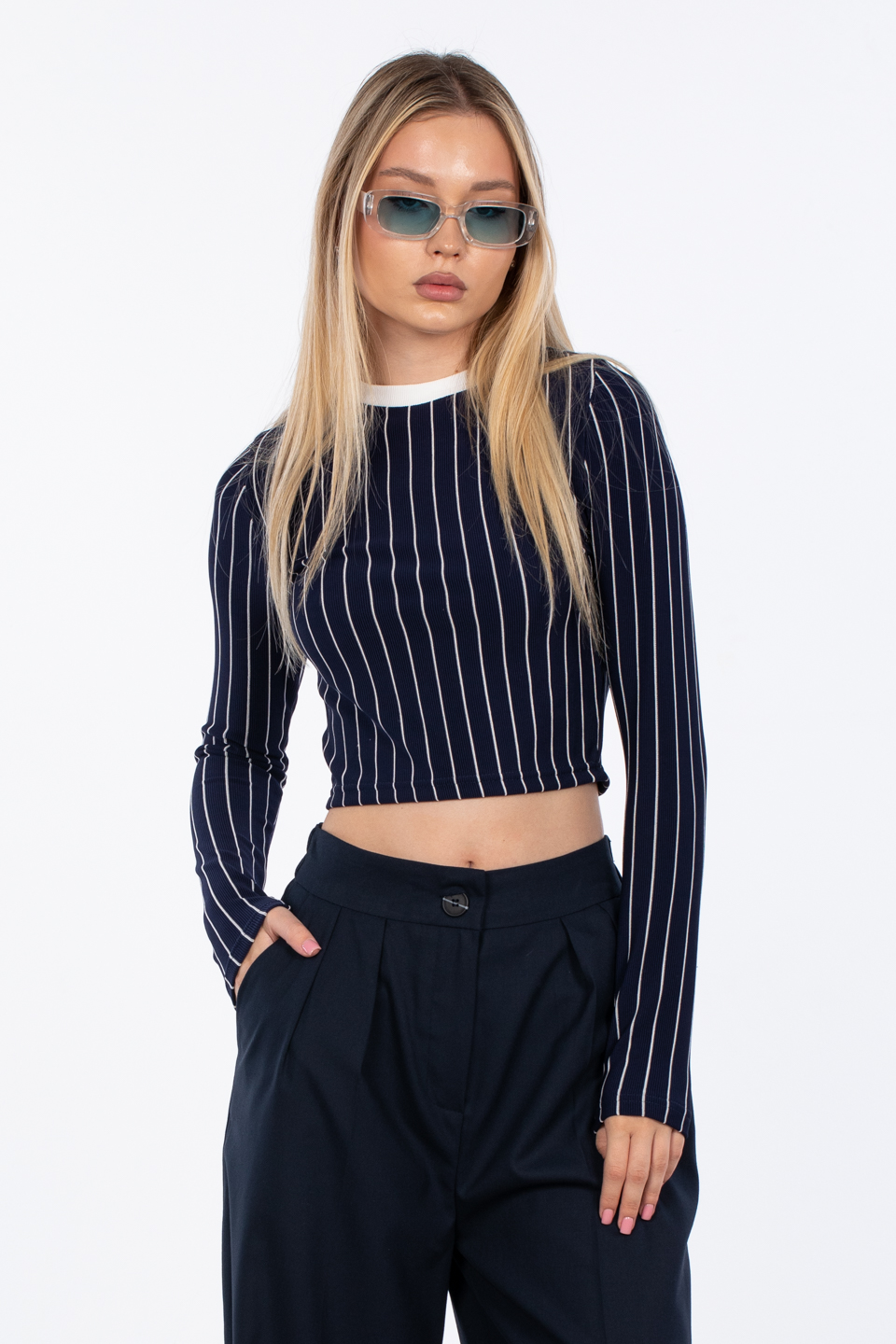 Çizgili bisiklet yaka body-2115 Lacivert/Beyaz