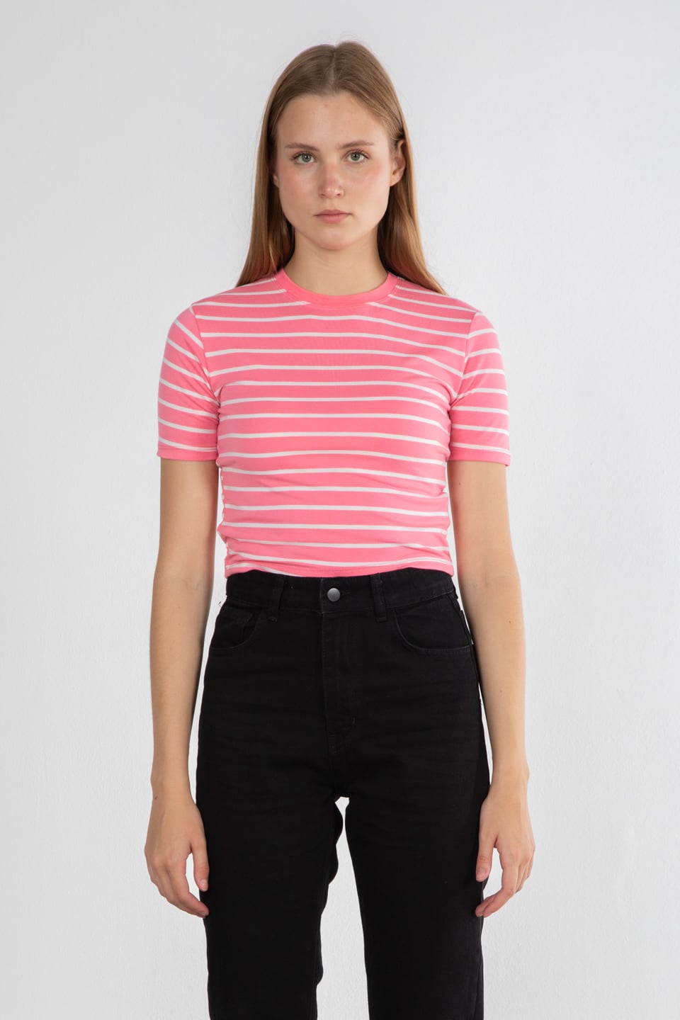 Çizgili bisiklet yaka t-shirt-DVN0467 Pembe Çiz.