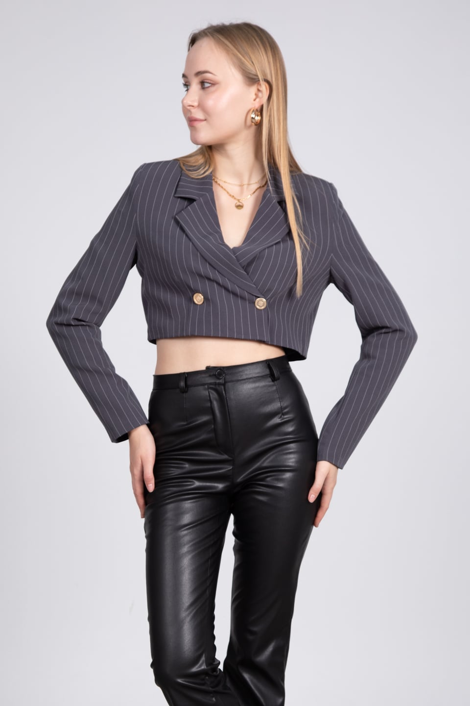 Çizgili crop ceket-8110 Gri