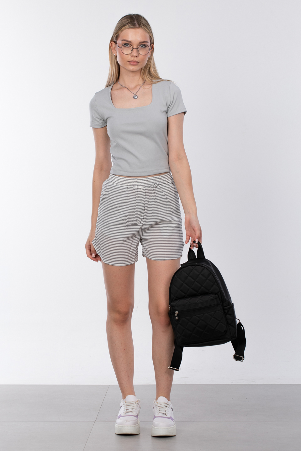 Çizgili düğme detay mini şort-2040 Siyah