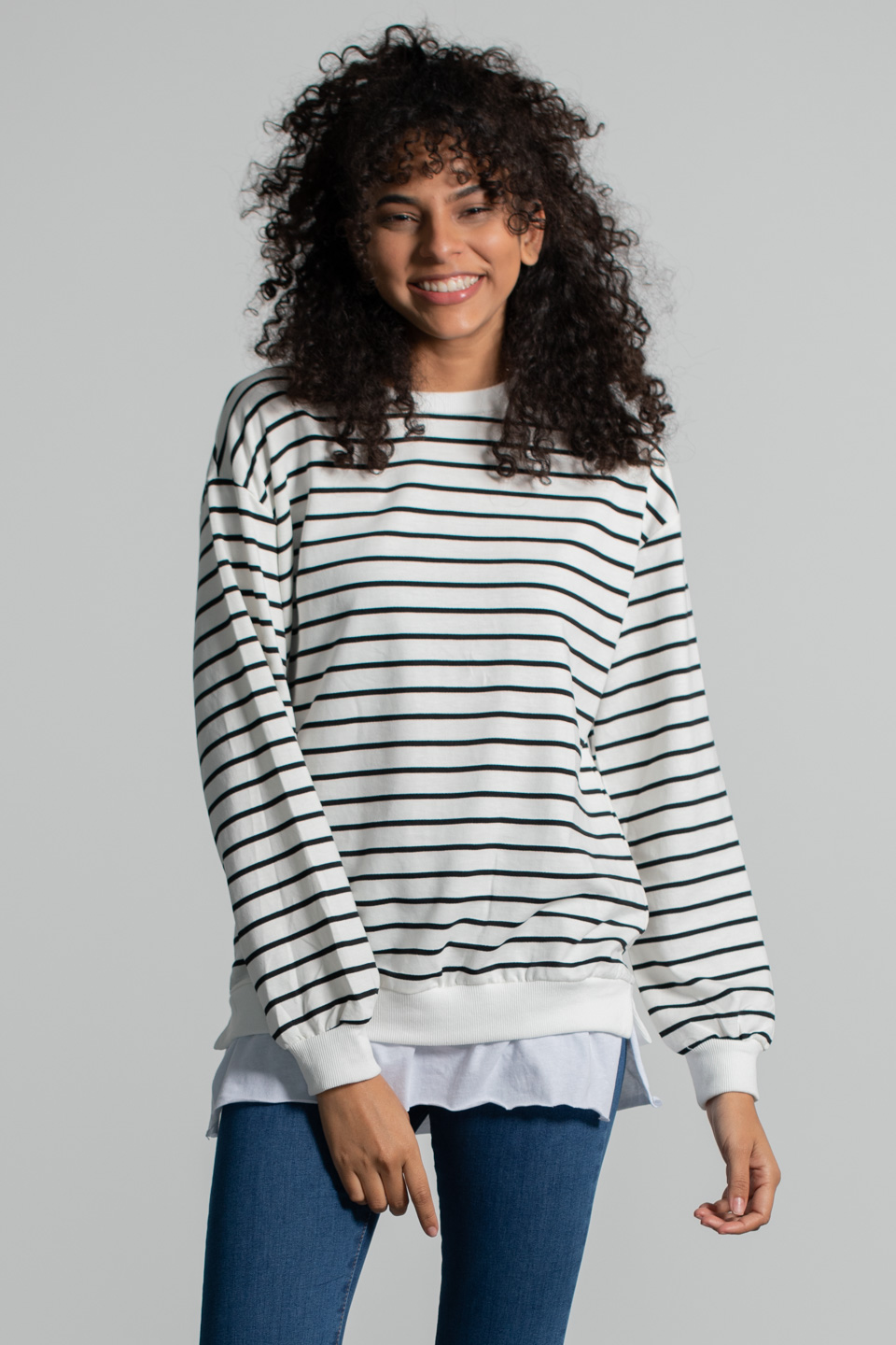 Çizgili Eteği Garnili Sweatshirt - Beyaz