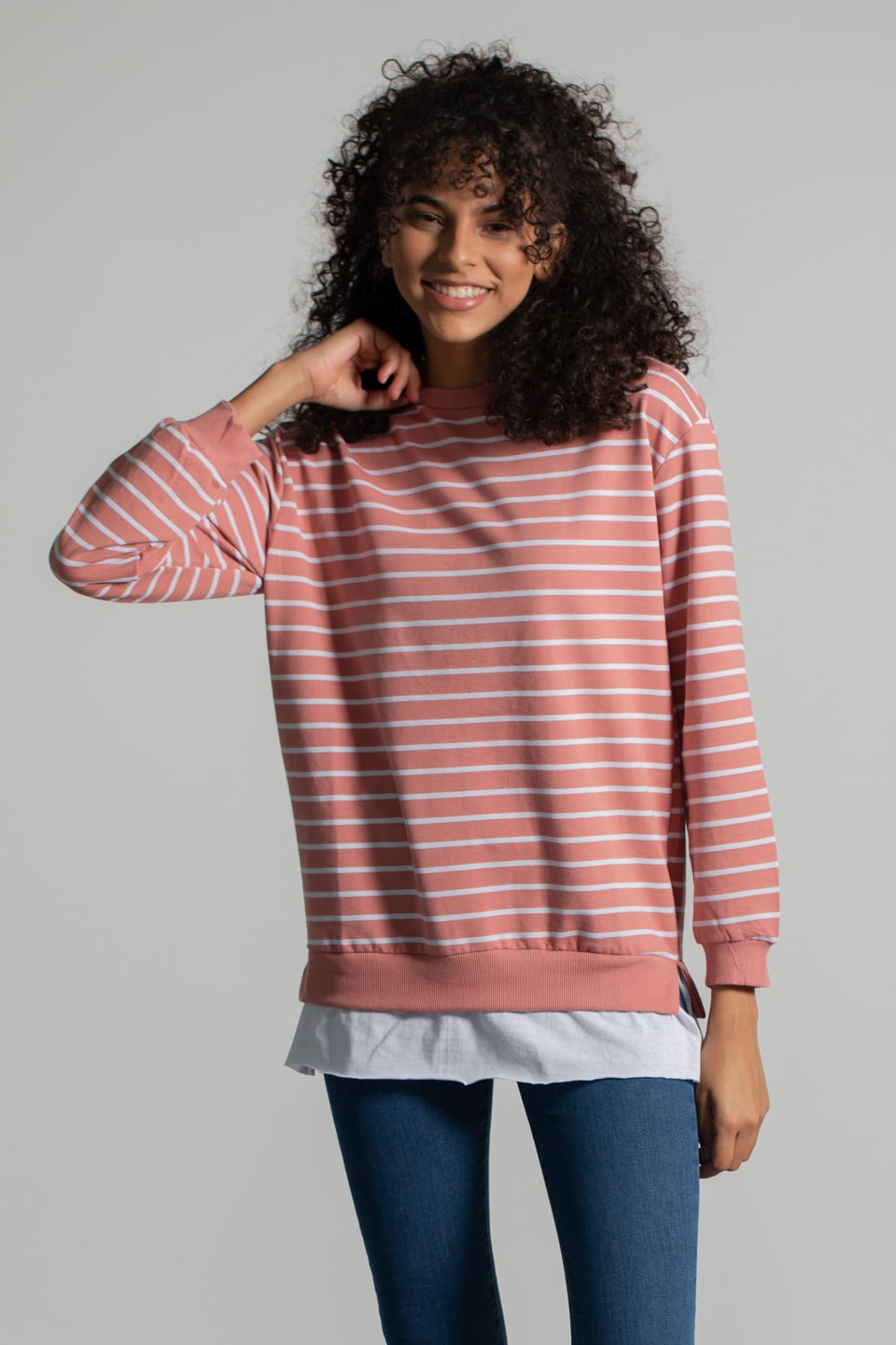 Çizgili Eteği Garnili Sweatshirt - Gül Kurusu
