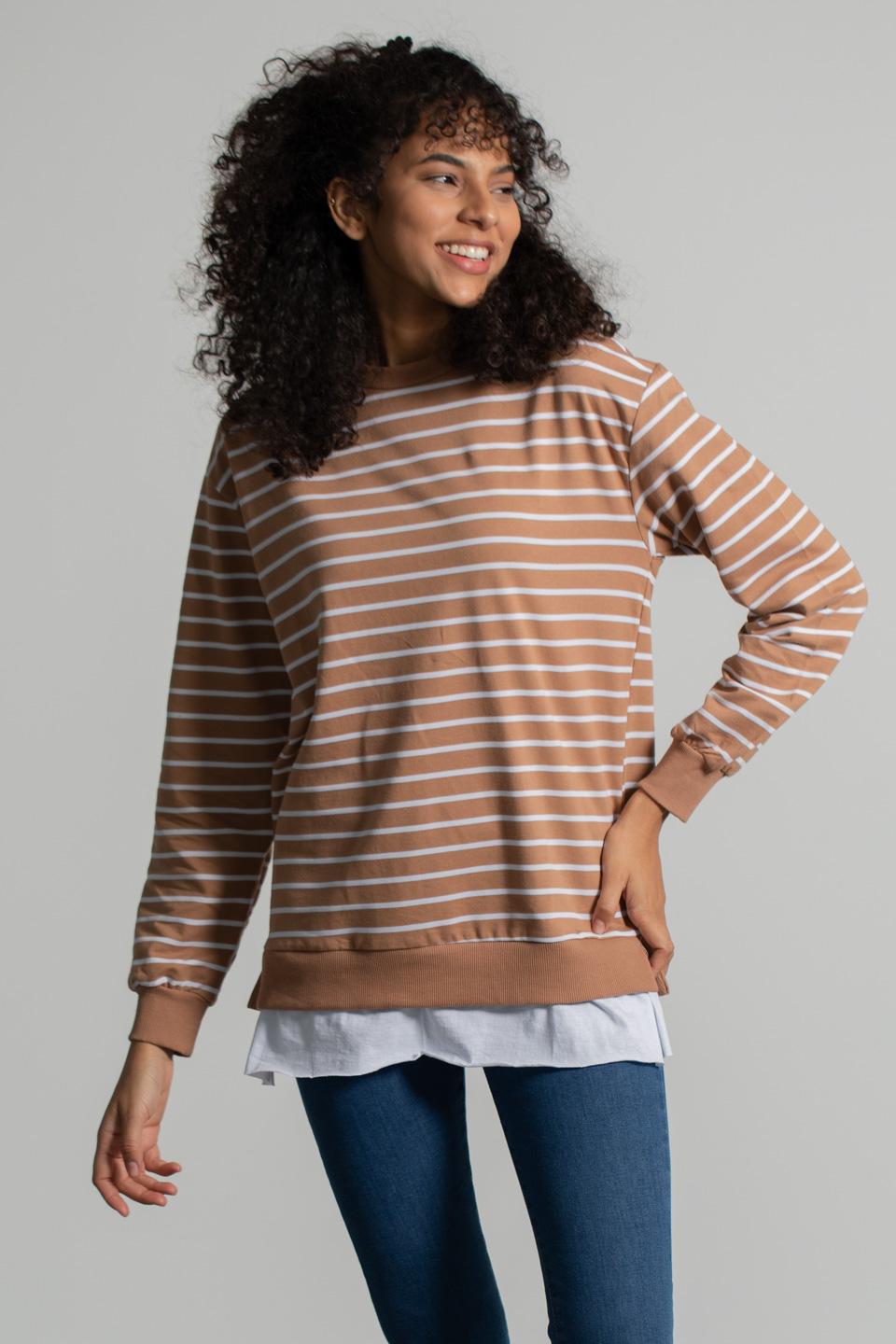 Çizgili Eteği Garnili Sweatshirt - Kahve