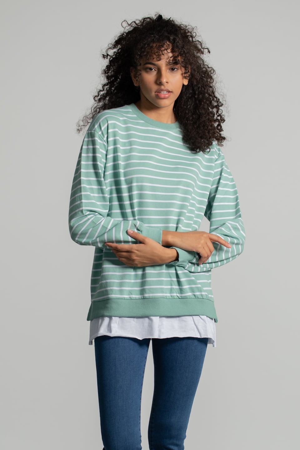 Çizgili Eteği Garnili Sweatshirt - Mint
