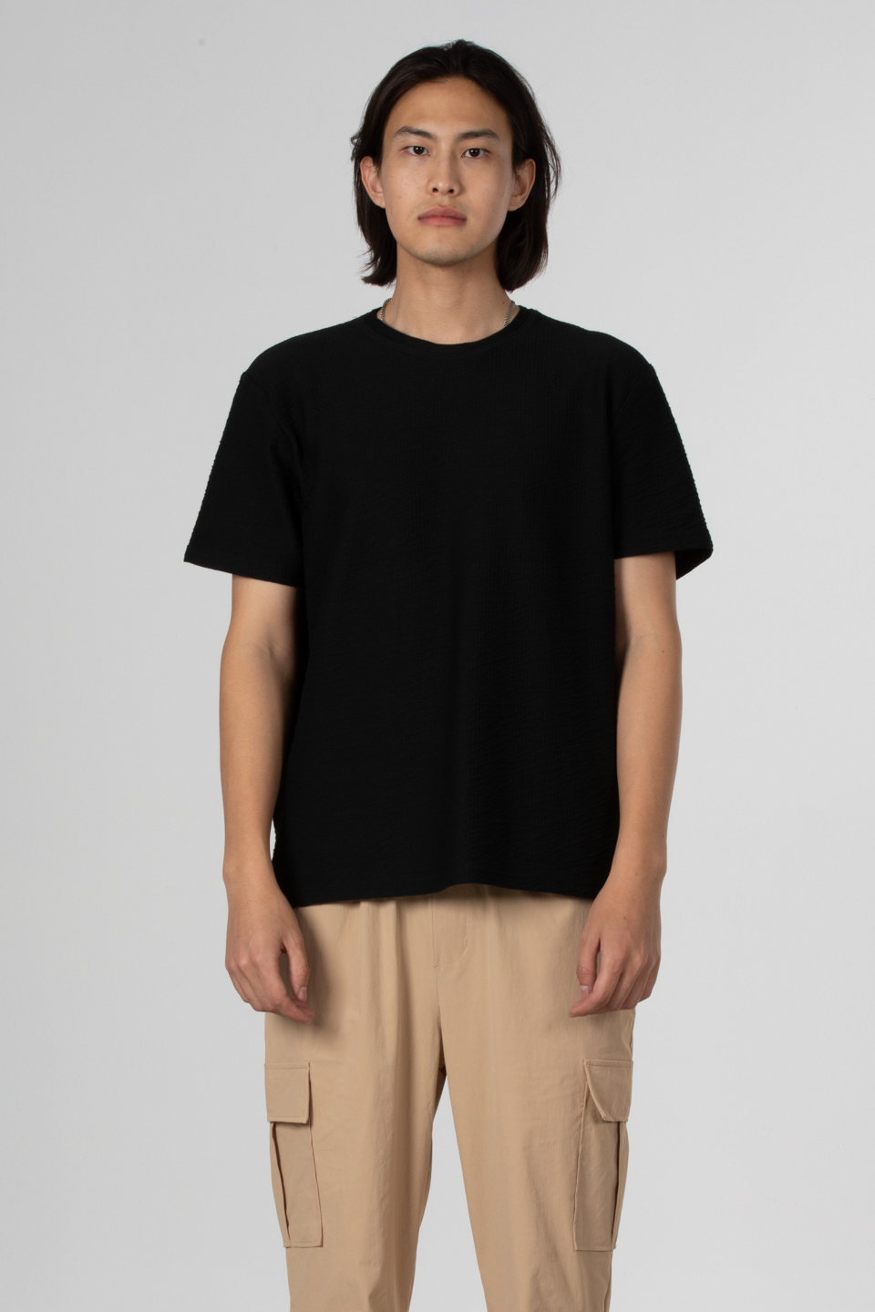 Çizgili gofre bisiklet yaka t-shirt-8027 Siyah