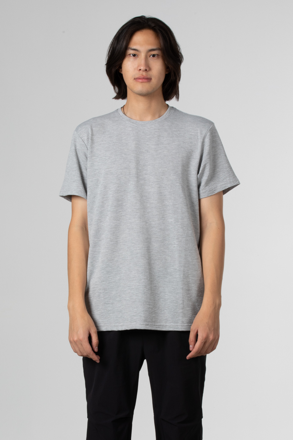 Çizgili gofre bisiklet yaka t-shirt-8027 Gri Melanj