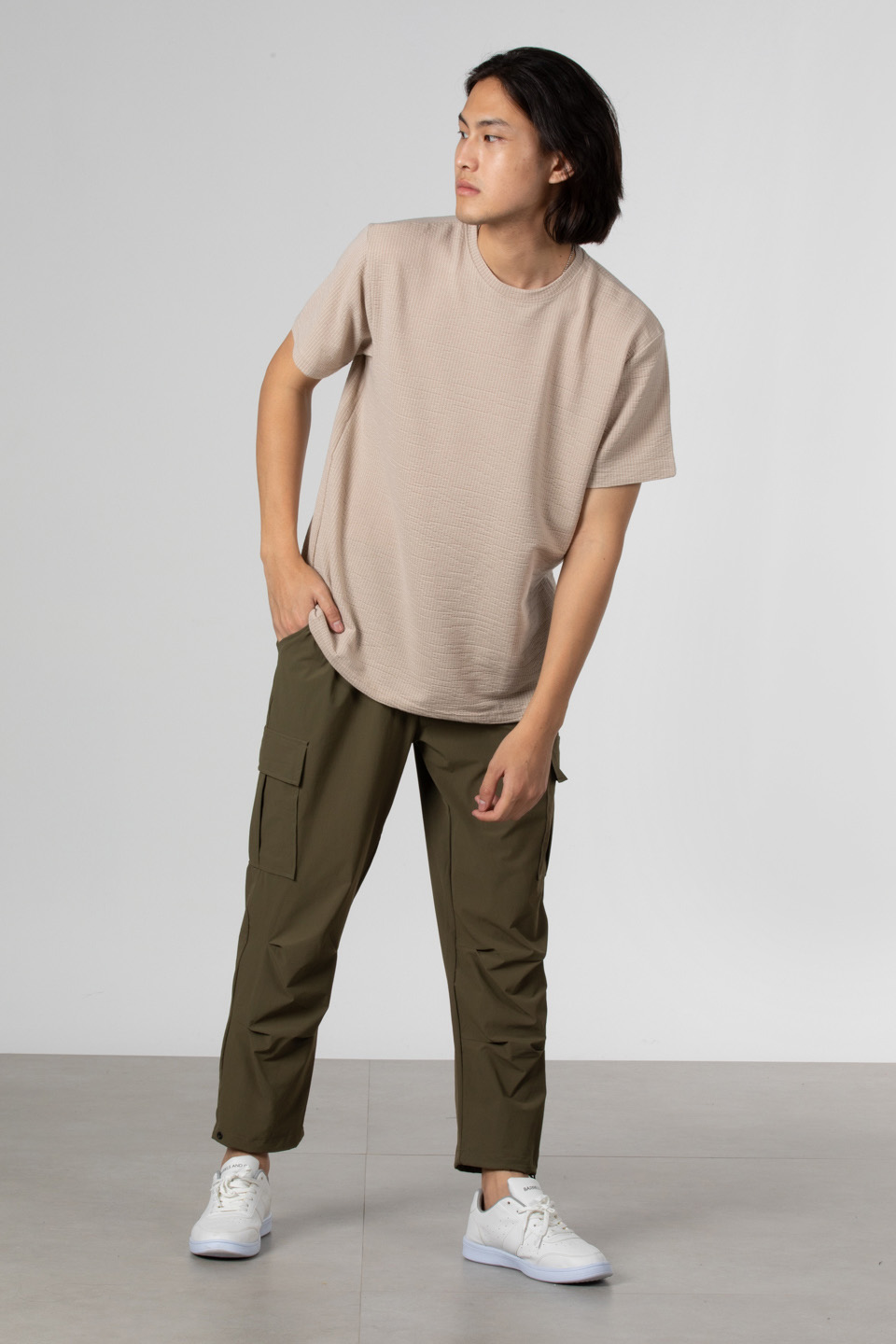 Çizgili gofre bisiklet yaka t-shirt-8027 Taş