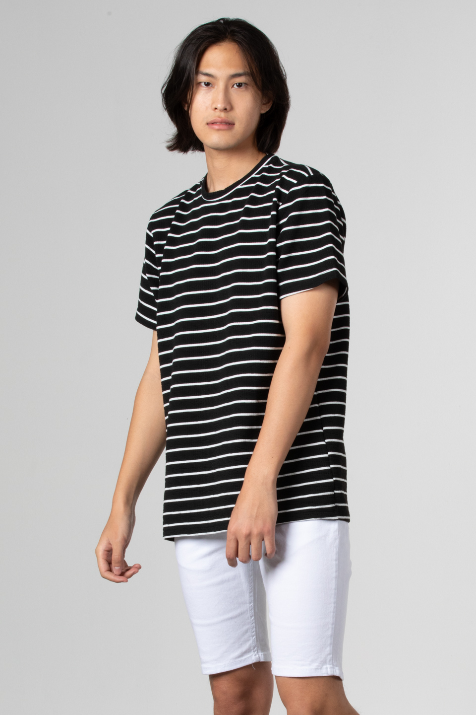 Çizgili gofre t-shirt-8028 Siyah/Beyaz