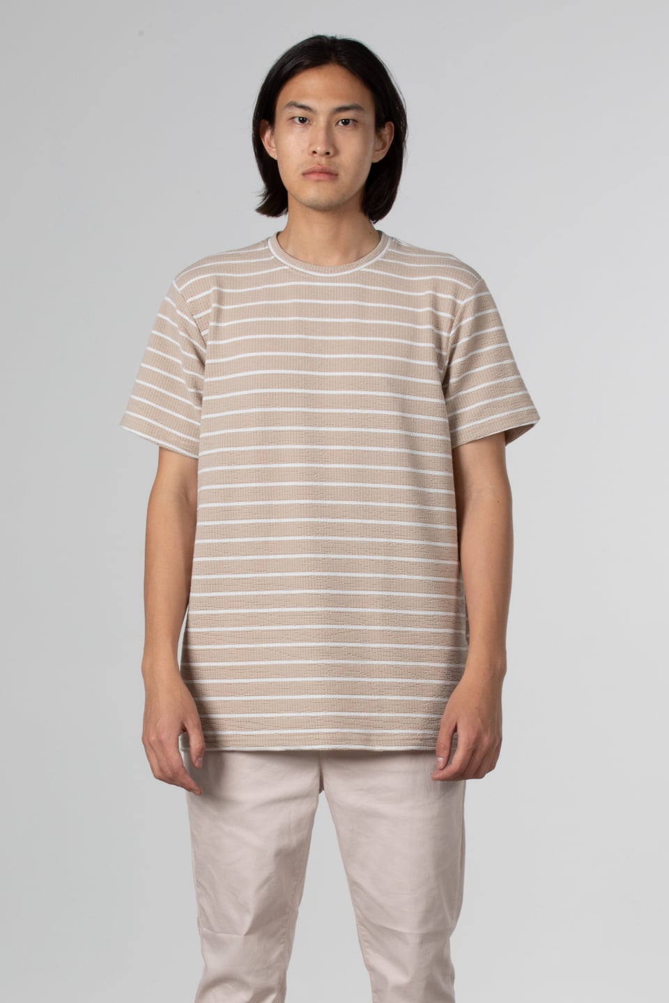 Çizgili gofre t-shirt-8028 Taş/Beyaz
