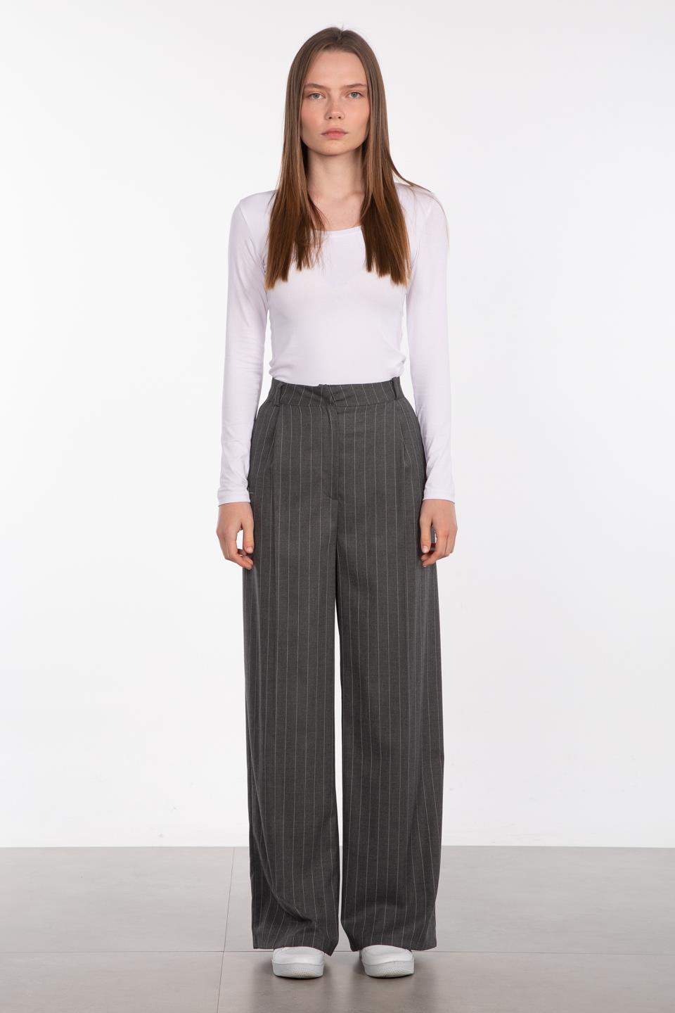 Çizgili palazzo pantolon-3433 Antrasit