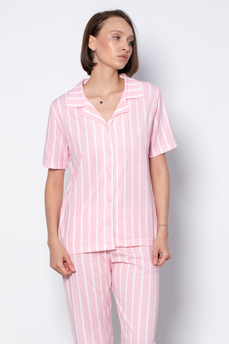 Çizgili pijama takımı-2029 Pembe Çiz.