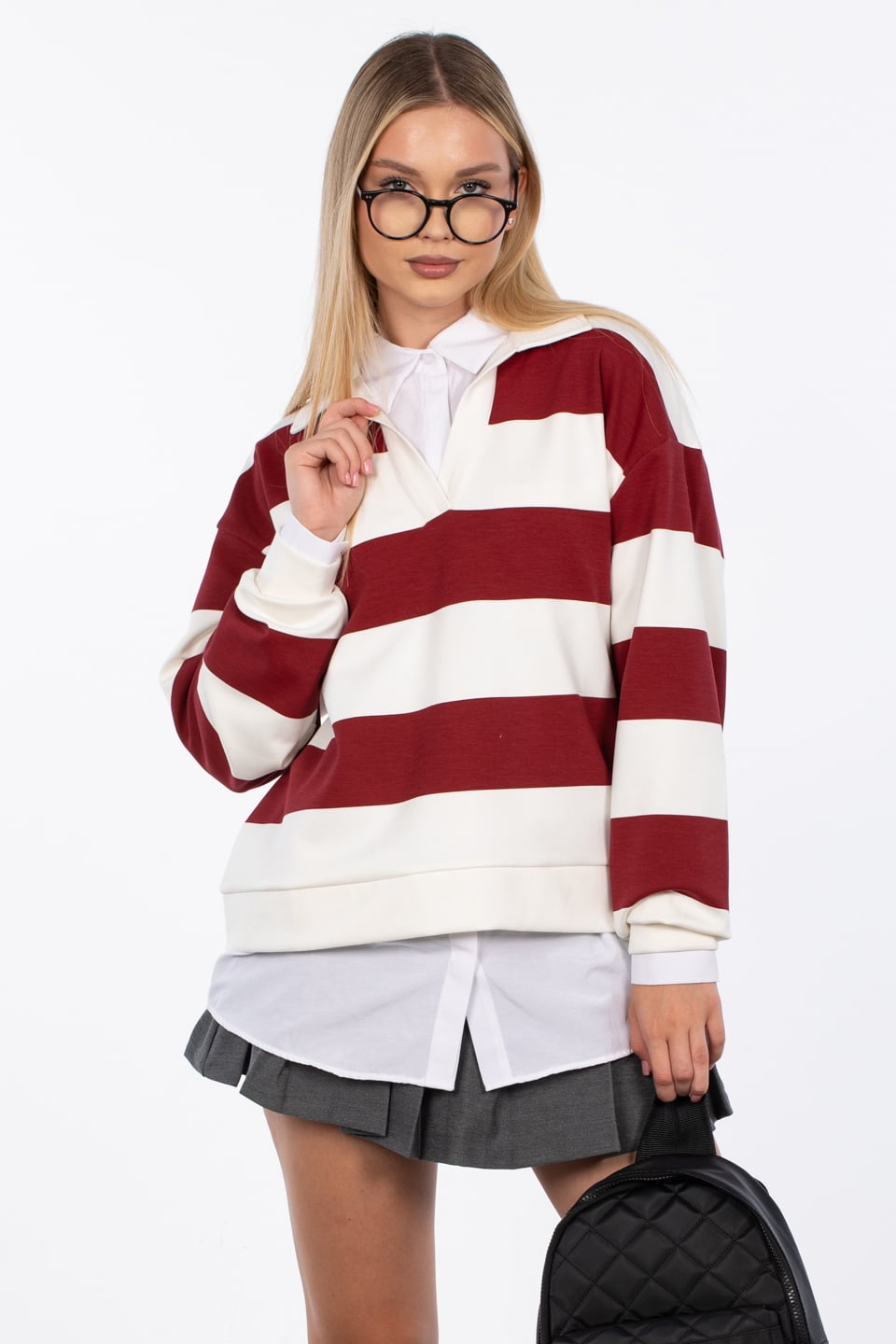 Çizgili polo yaka sweatshirt-99-381 Ekru/Bordo