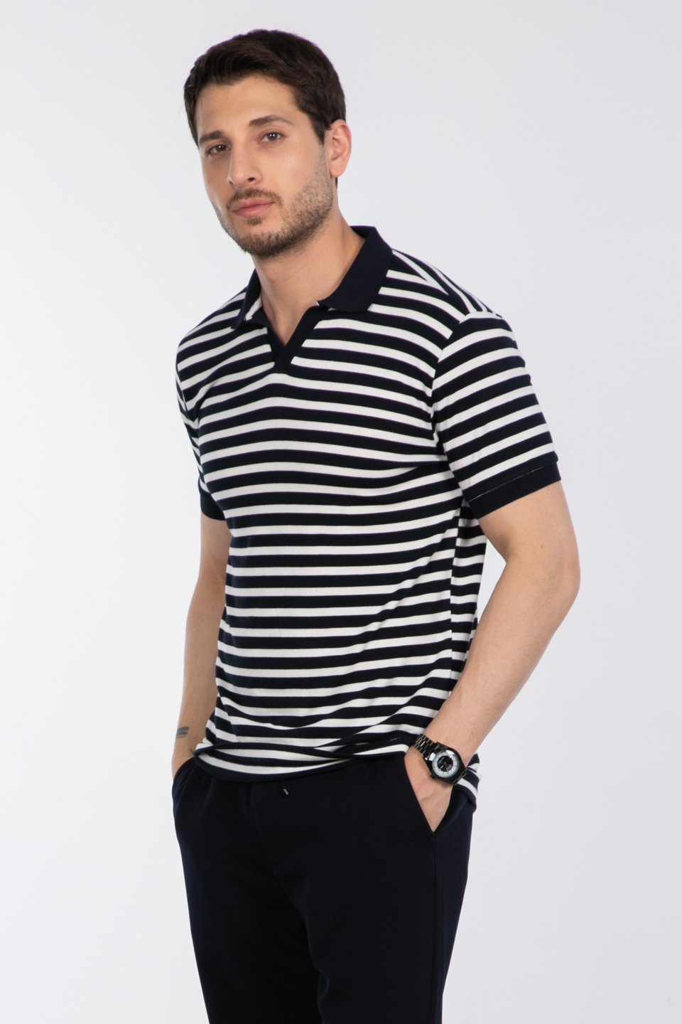 Çizgili polo yaka t-shirt-F849-9110 Lacivert