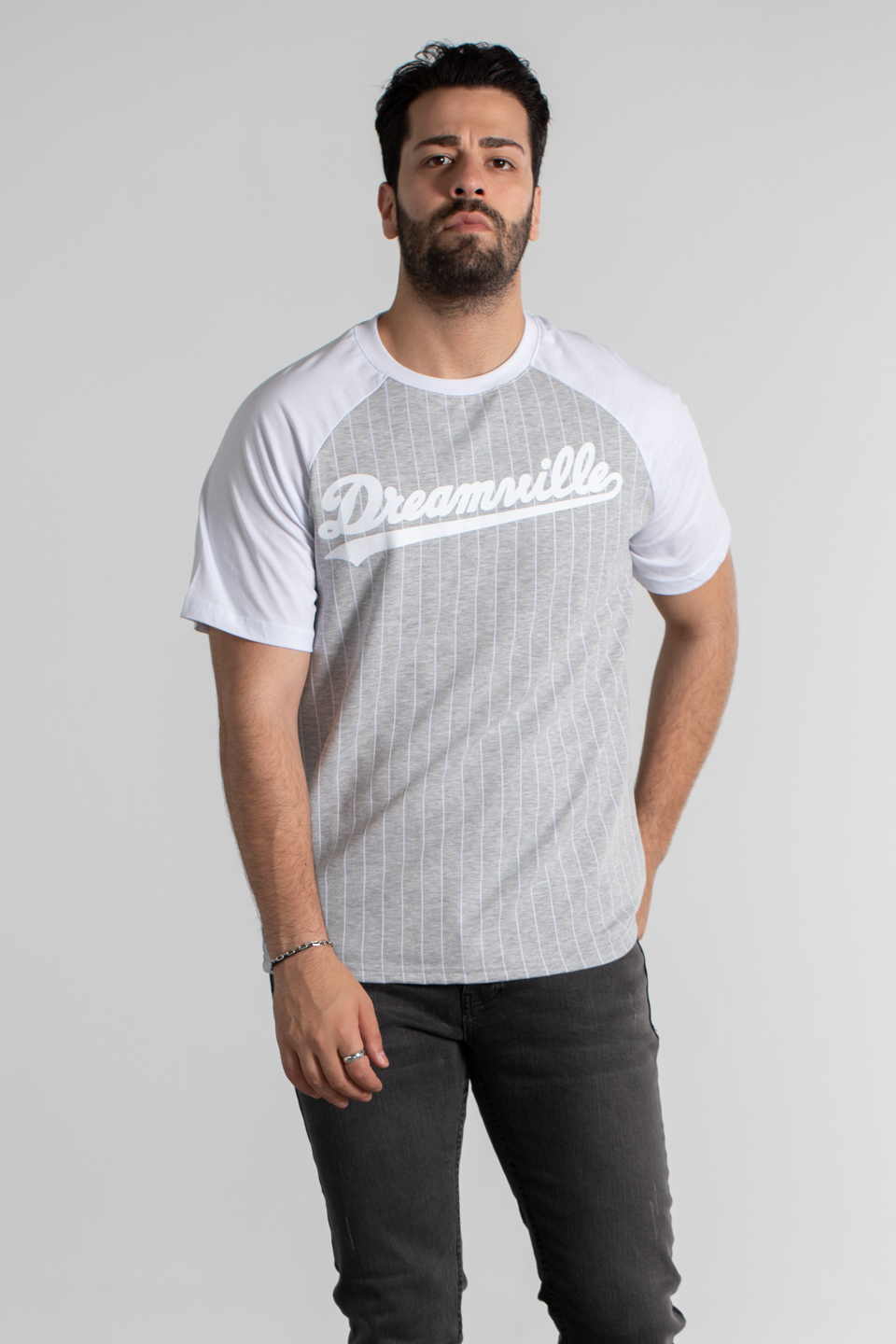Çizgili reglan kol oversize t-shirt-4458 Kar Melanj