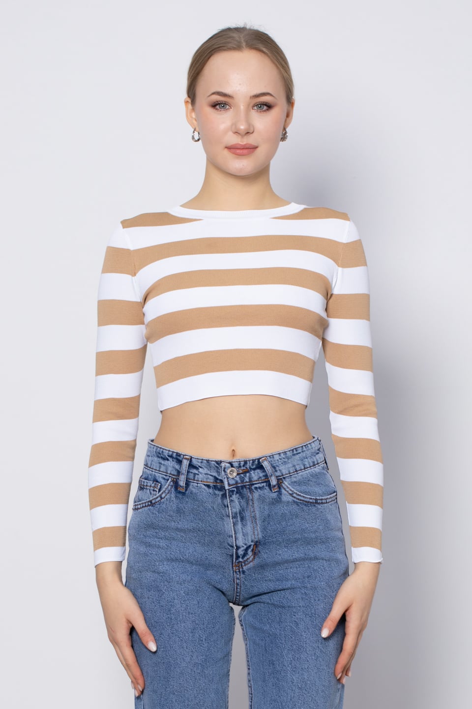 Çizgili triko body-6328 Vizon/Beyaz