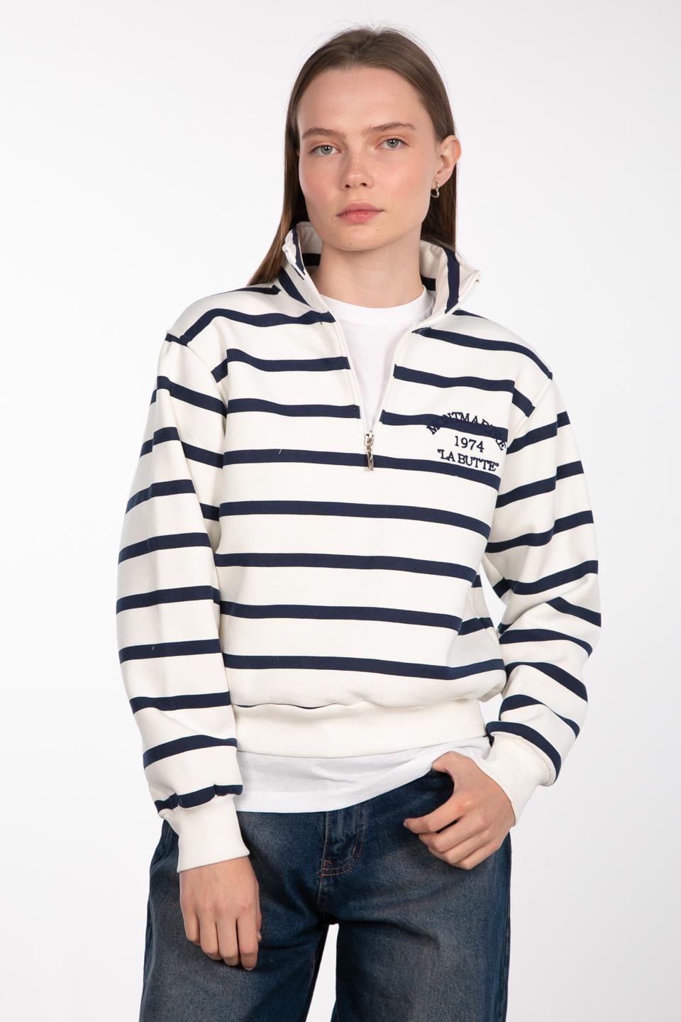 Çizgili yarım fermuarlı baskılı sweatshirt-83-579 Ekru/Lacivert
